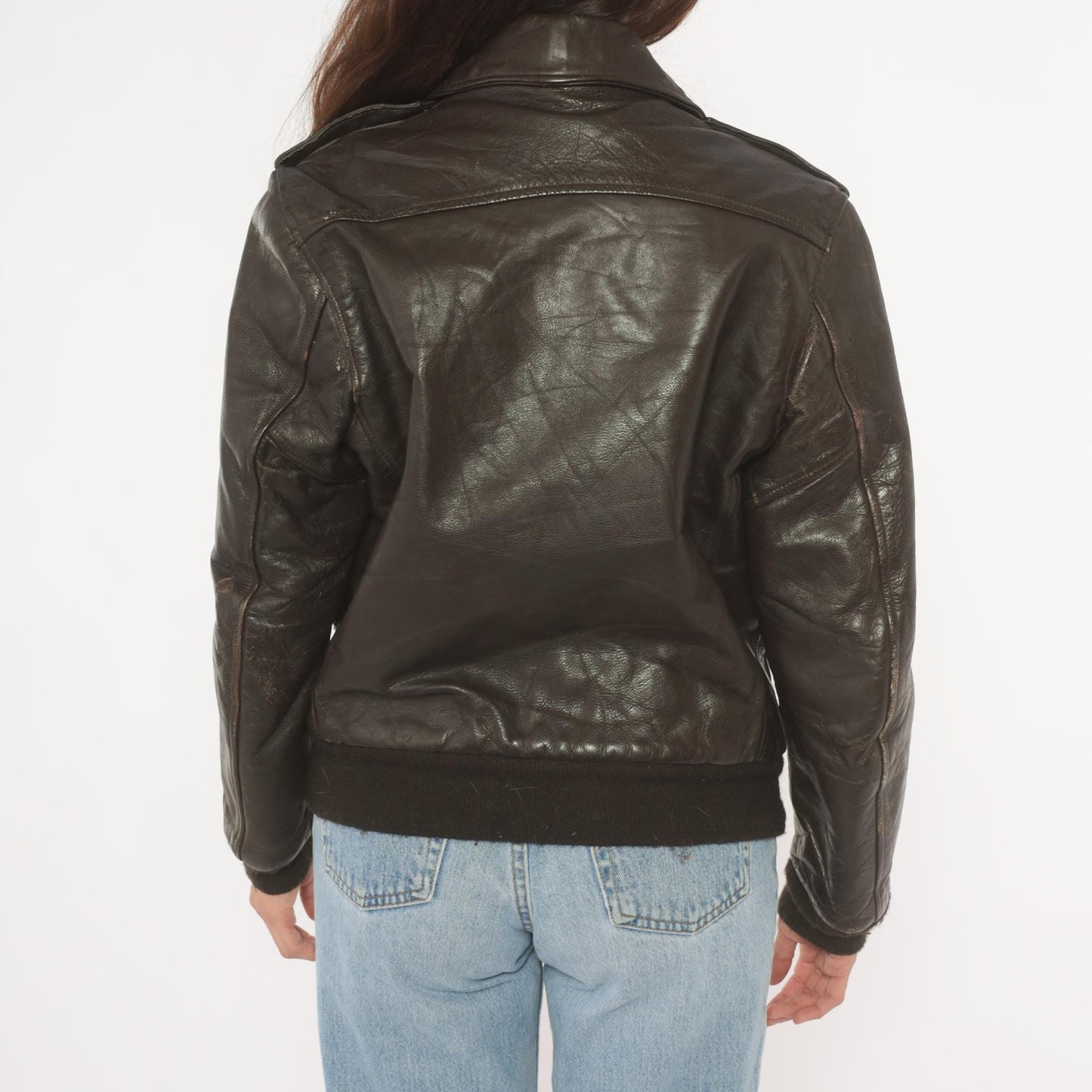 80s Golden Fleece Dark Brown Leather Bomber Jacket Cropped Small