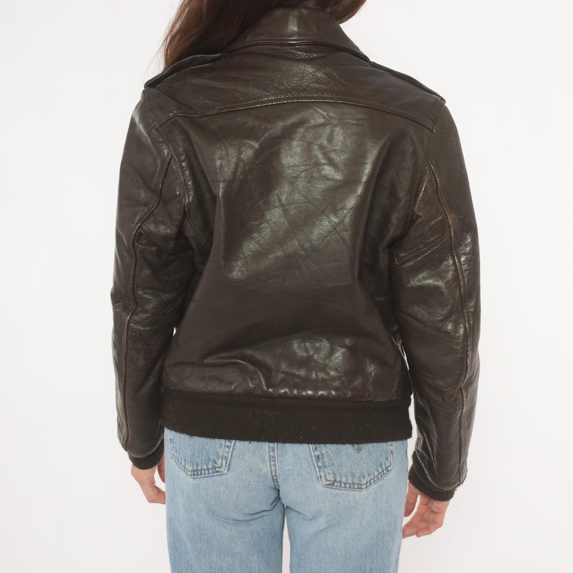 80s Golden Fleece Dark Brown Leather Bomber Jacket Cropped Small
