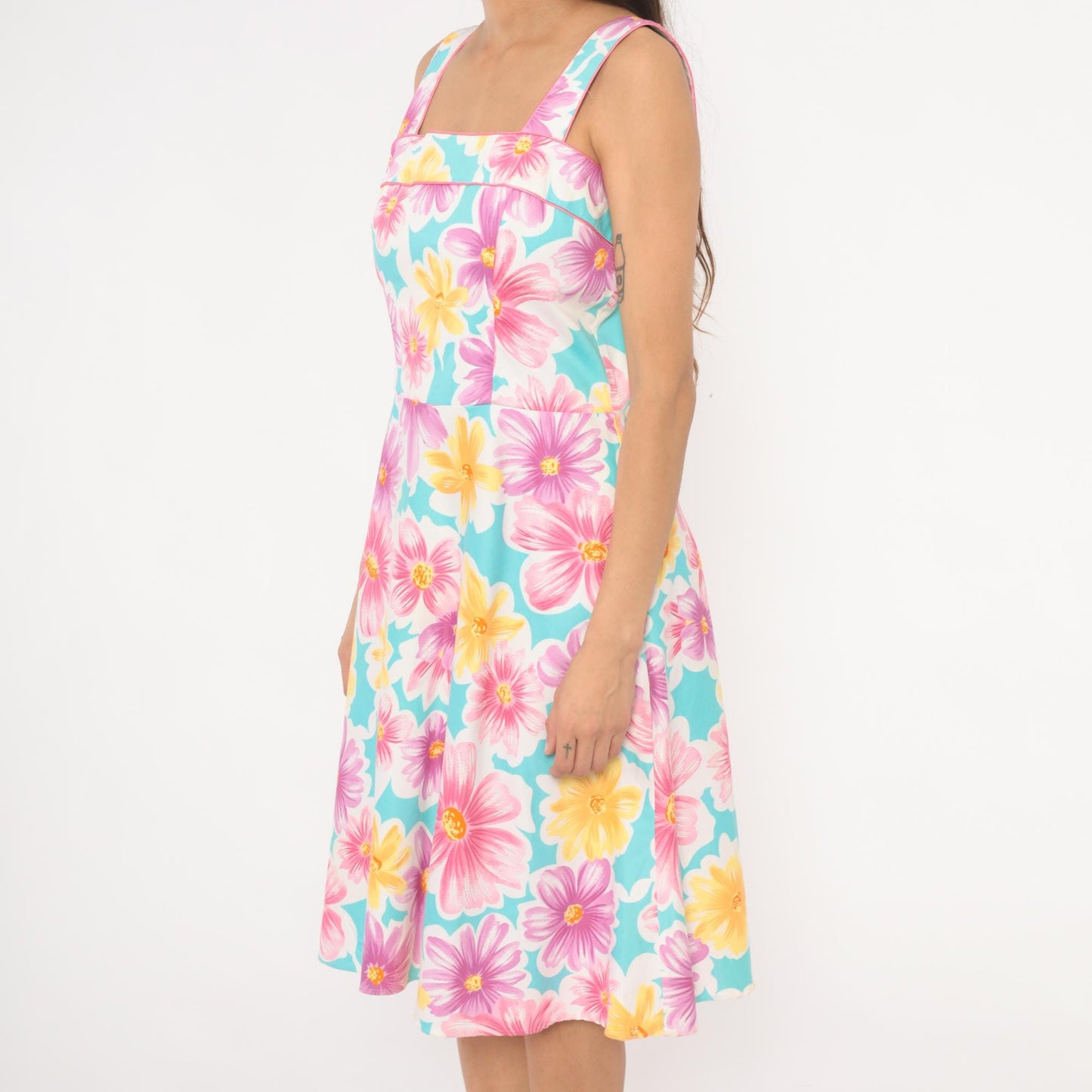 90s Scarlett Floral Sundress Square Neck Daisy Print Sky Blue Medium M