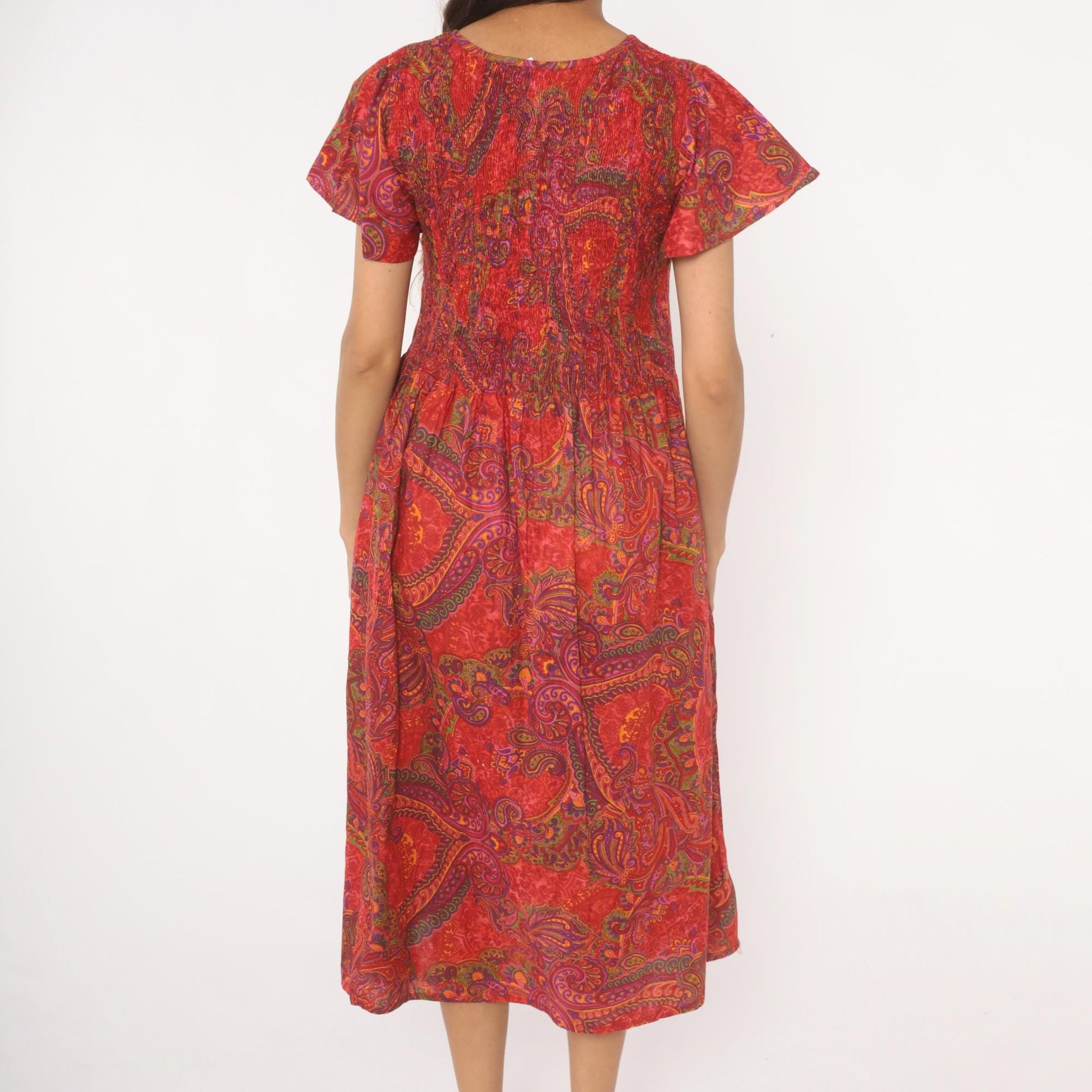 70s Metropolitan Paisley Smocked Midi Dress Red Flutter Sleeve Cotton Large L