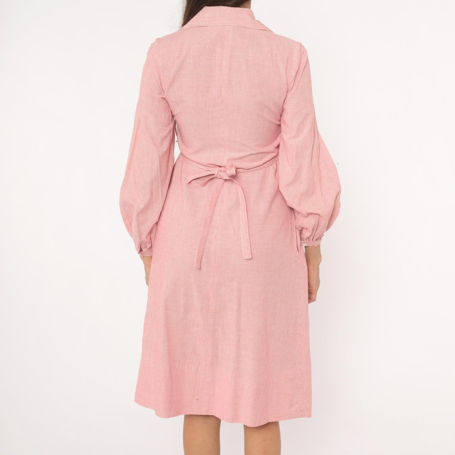80s Nipon Boutique Pinstripe Shirtdress Pink Button Front Puff Sleeve XS