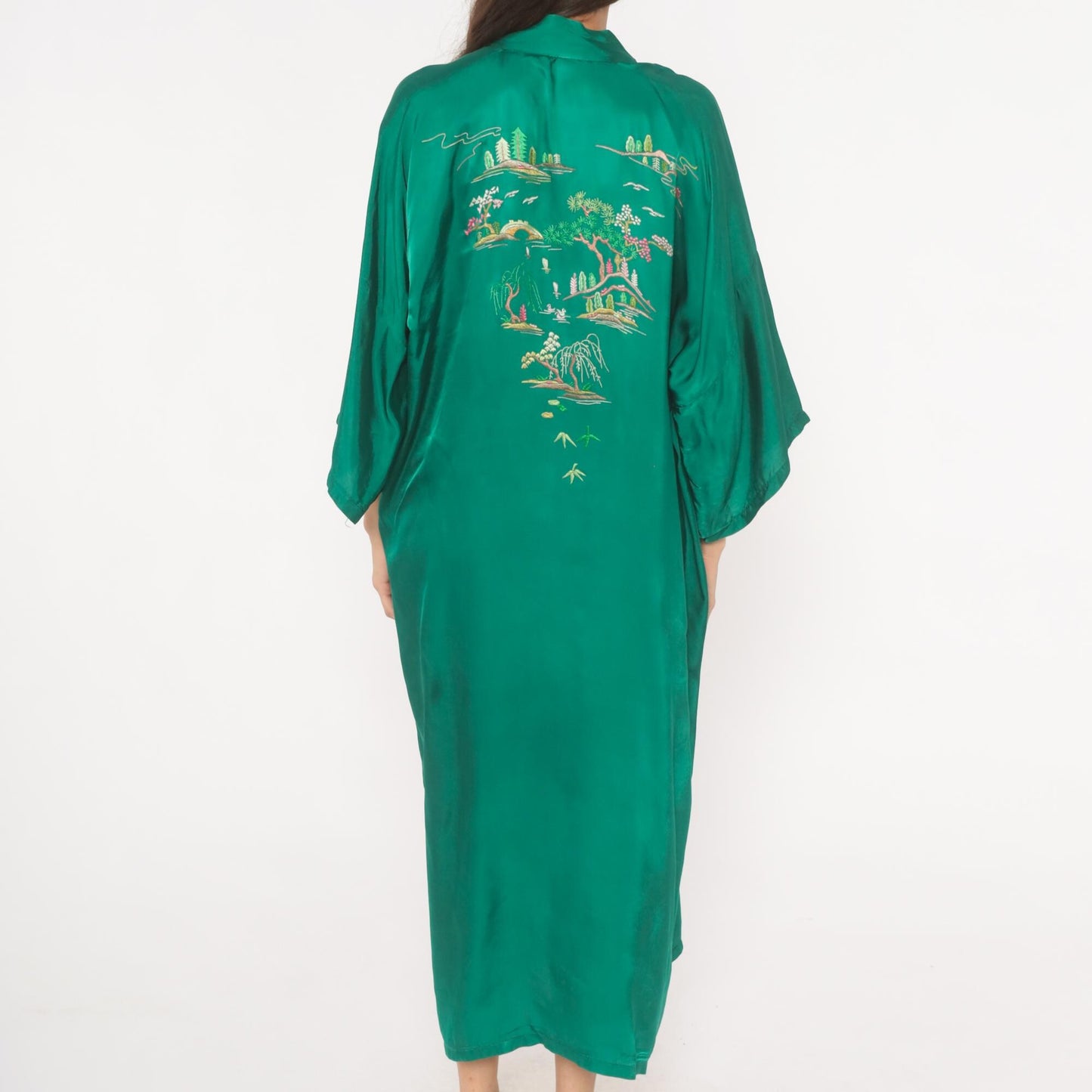 80s Health Silk Kimono Robe Emerald Embroidered Landscape Ankle Length Large L