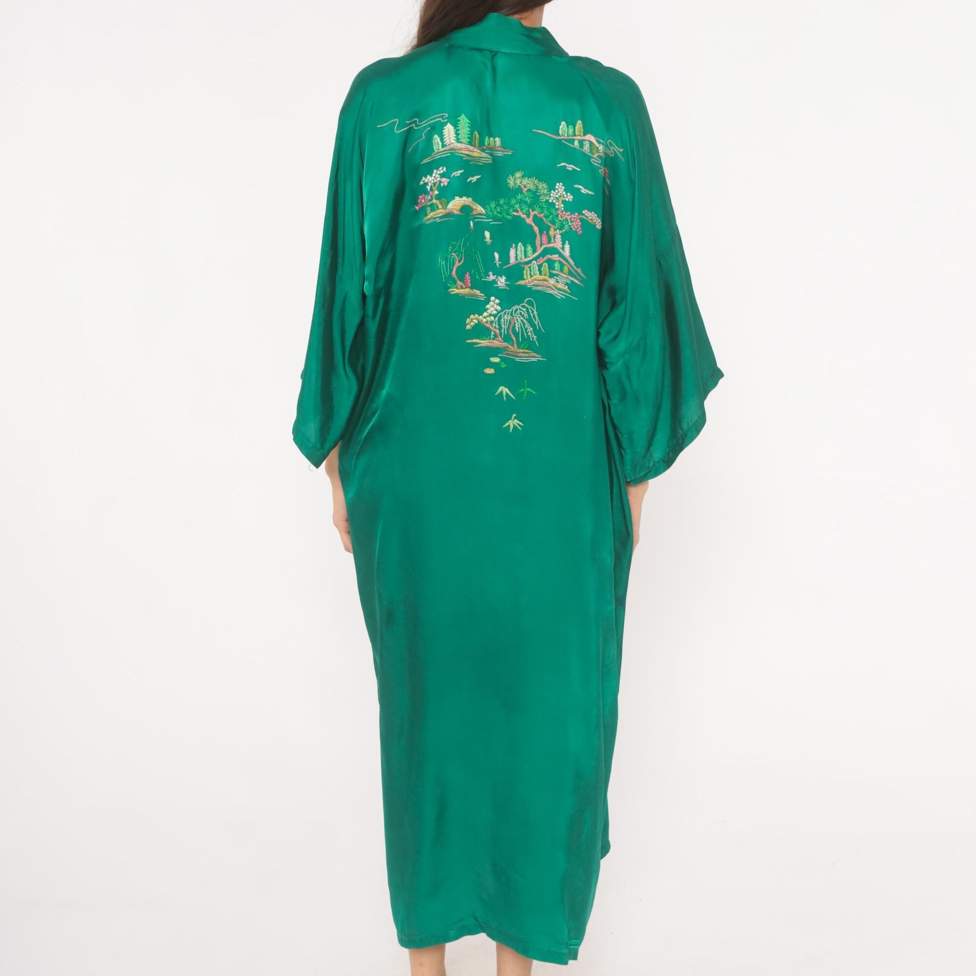 80s Health Silk Kimono Robe Emerald Embroidered Landscape Ankle Length Large L
