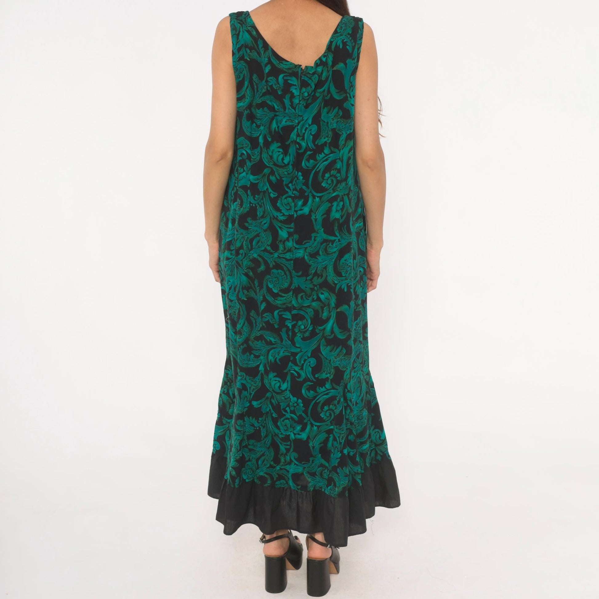90s R & K Originals Teal Baroque Maxi Dress Emerald Floral Mermaid Large L