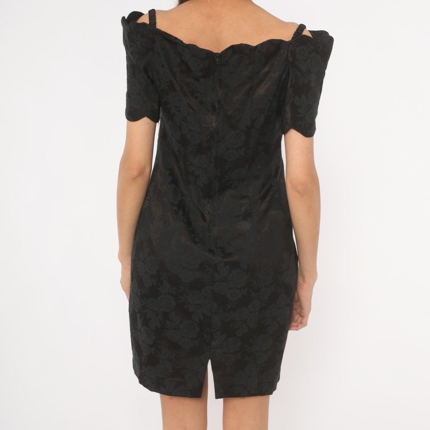90s Expo Petite Black Floral Jacquard Mini Dress Sweetheart Neckline Medium M