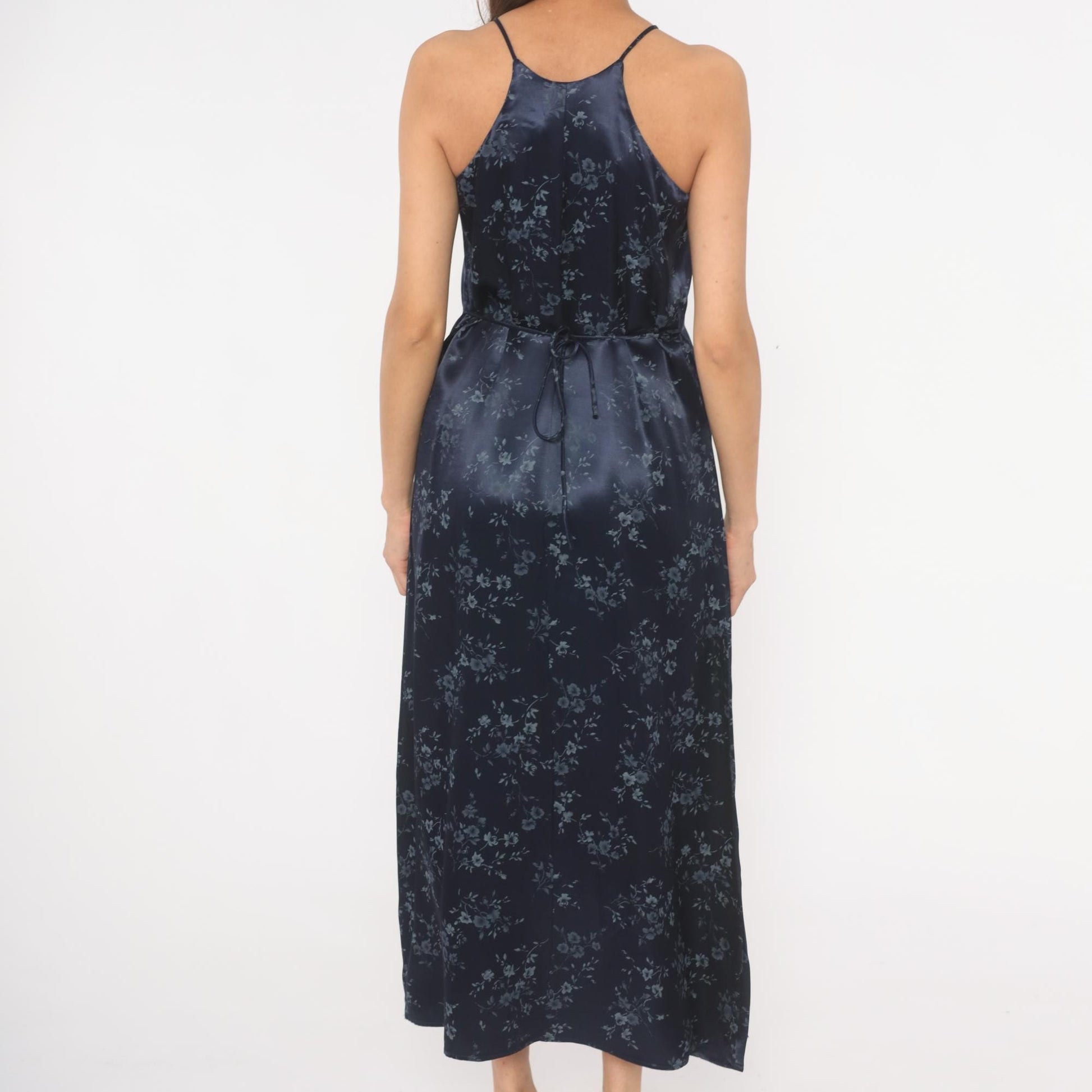 90s Navy Satin Halter Maxi Dress Floral Print Tie Back Small S