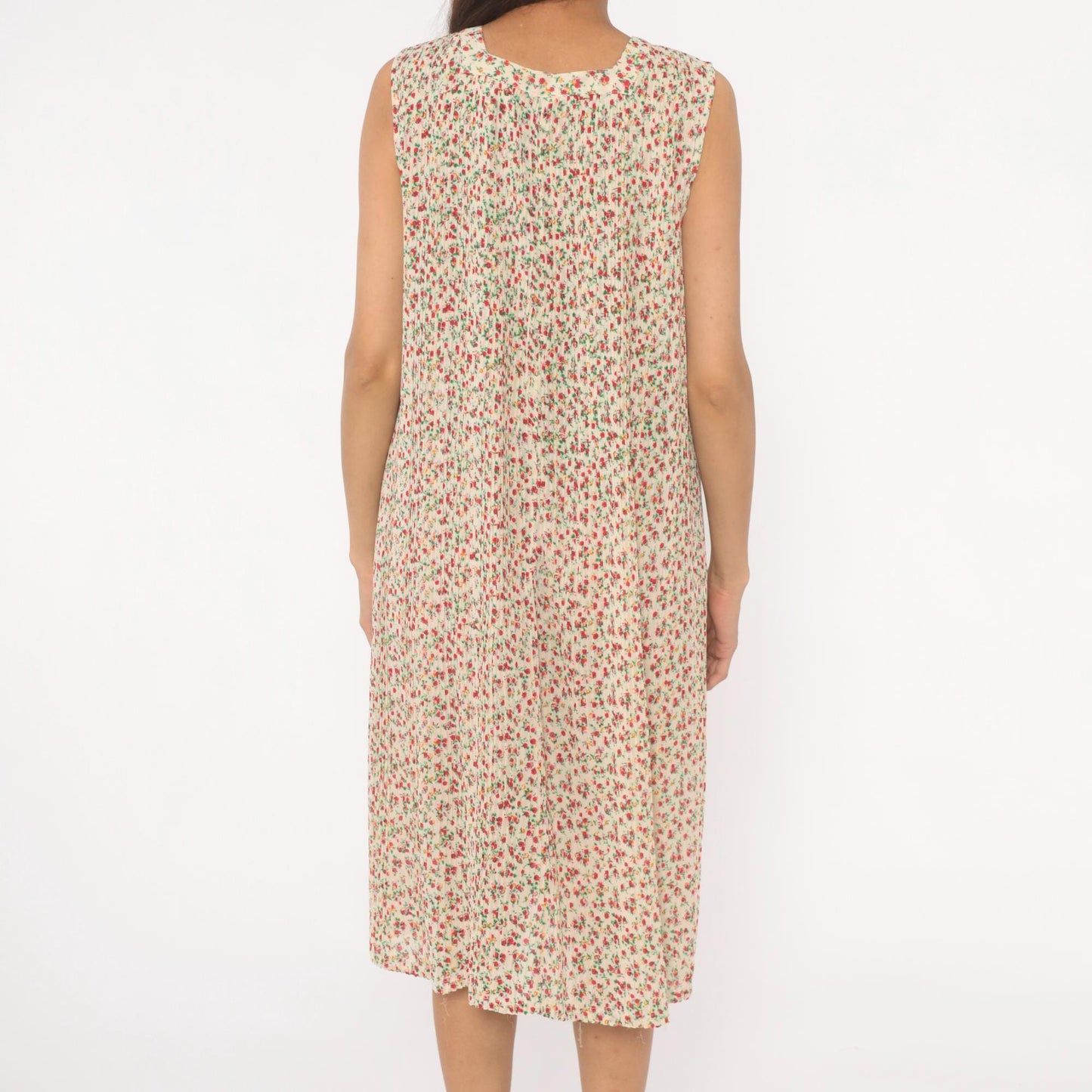 70s Ditsy Floral Shift Dress Cream Red Sleeveless Knee-Length Medium