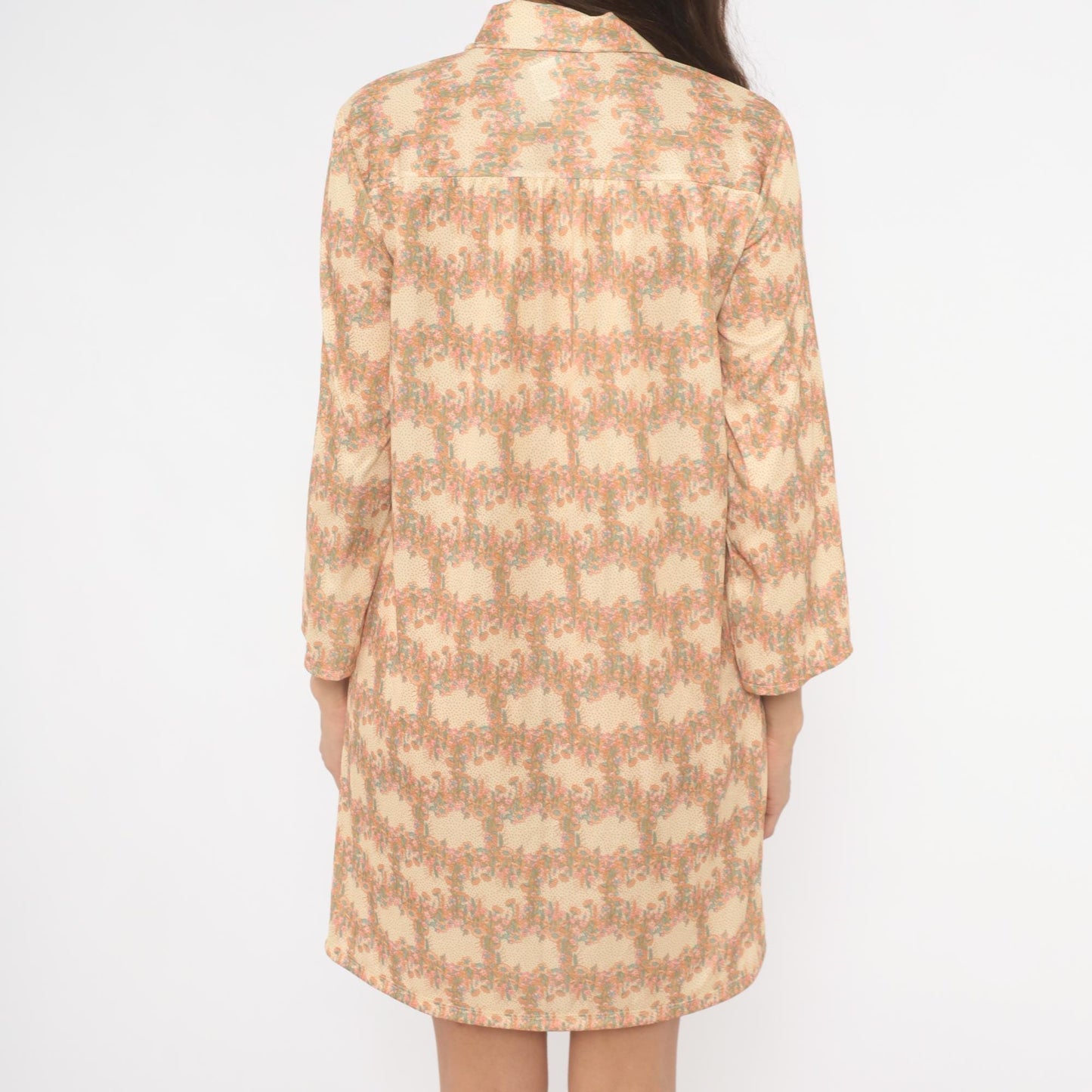 70s Floral Cream Tan Shirt Dress Snap Front Long Sleeve Knee-Length Medium M