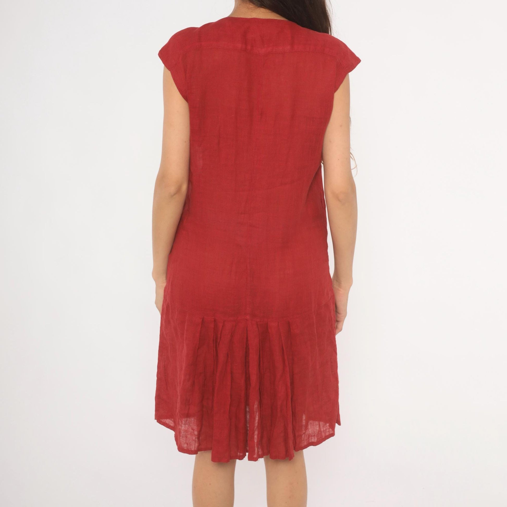 90s Laura Biagiotti Red Linen Dress V Neck Cap Sleeve Drop Waist Medium