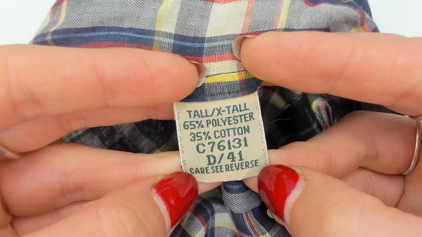 80s Men's Store Plaid Flannel Shirt Navy Blue Red Check Button Front Medium
