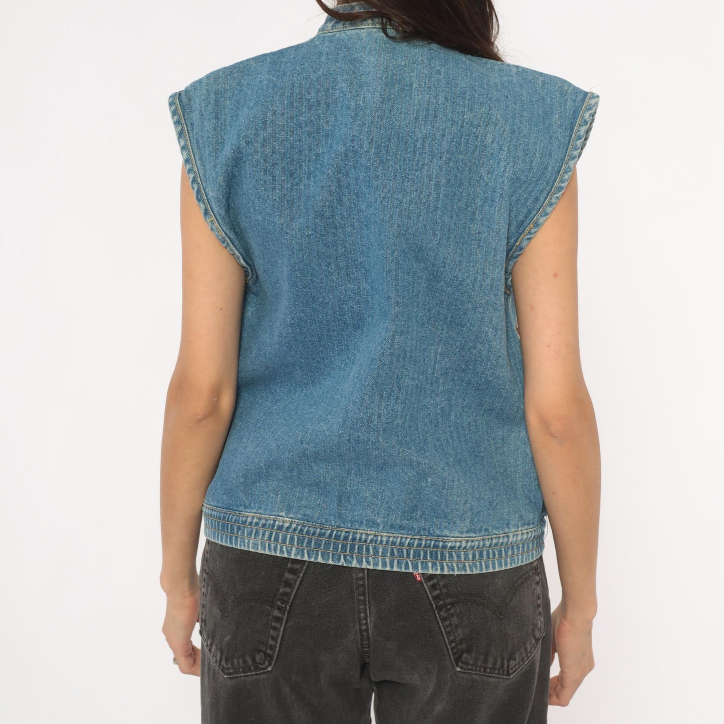 90s Jordache Reversible Denim Vest Pinstripe Blue White Mandarin Collar Small S