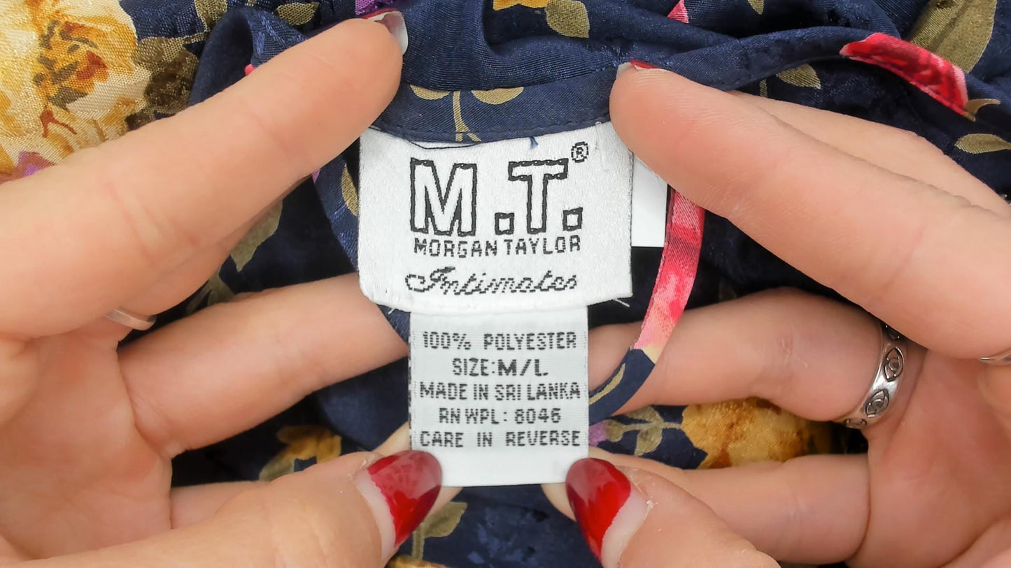 90s M.T. Morgan Taylor Navy Floral Kimono Robe Mini Wrap Tie Front Medium Large