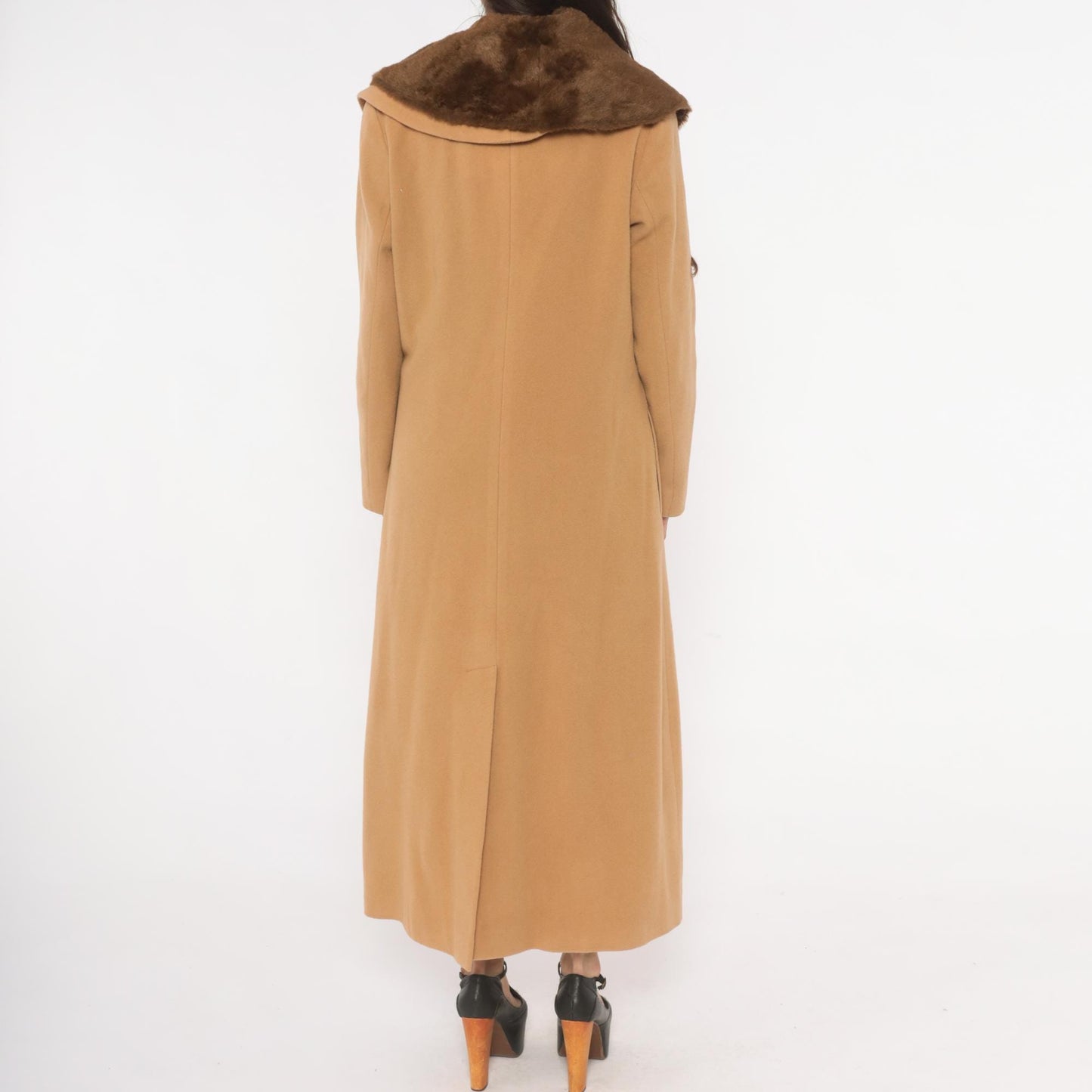 90s Spiegel Wool Cashmere Camel Coat Fur Collar Ankle Length Tan Medium M