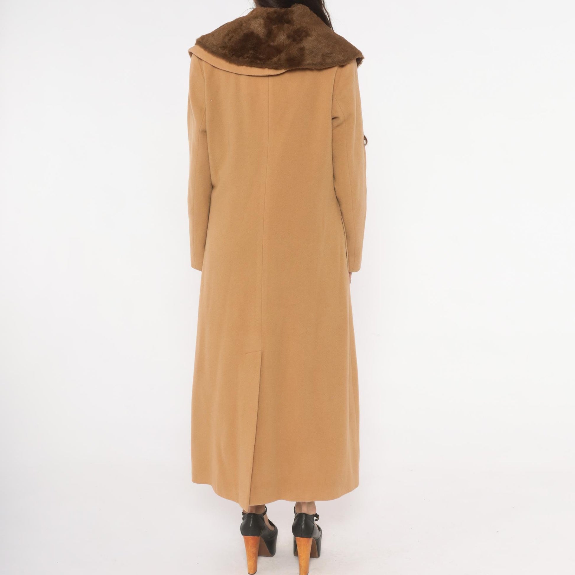 90s Spiegel Wool Cashmere Camel Coat Fur Collar Ankle Length Tan Medium M
