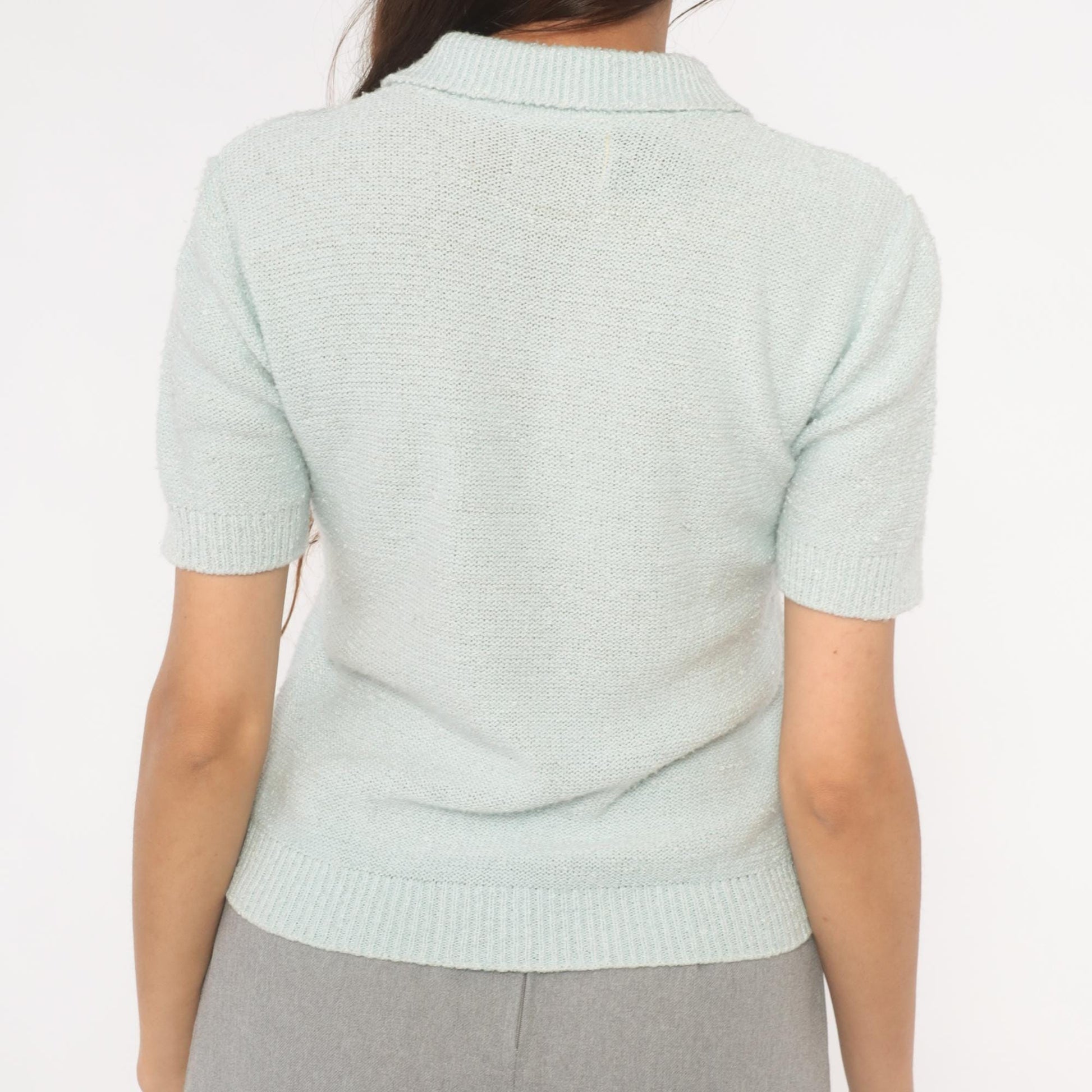70s Chris Ann Mint Knit Polo V-Neck Collared Pullover Small S
