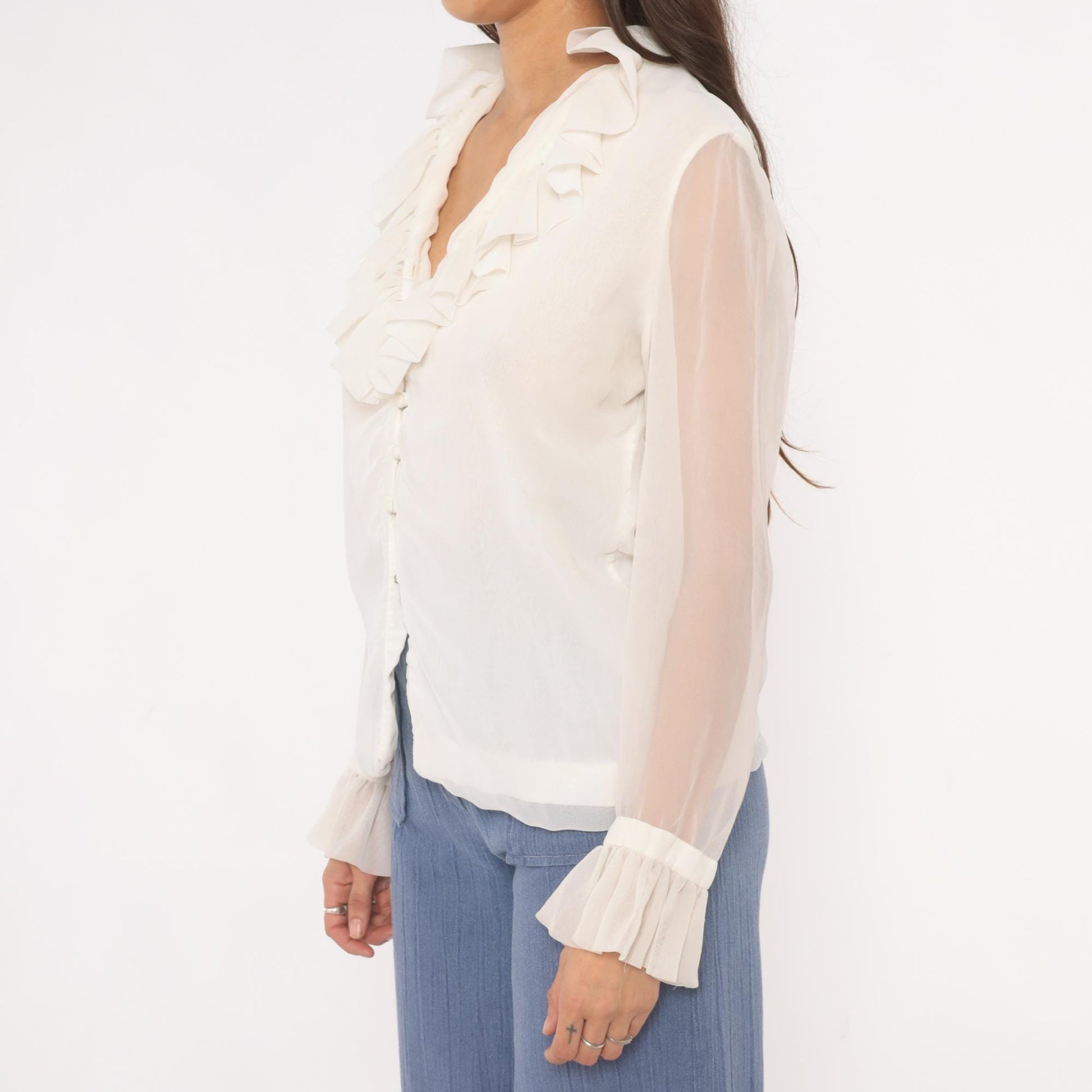 70s Gregory Ruffle Collar Blouse Ivory V-Neck Button Front Sheer Sleeve Medium