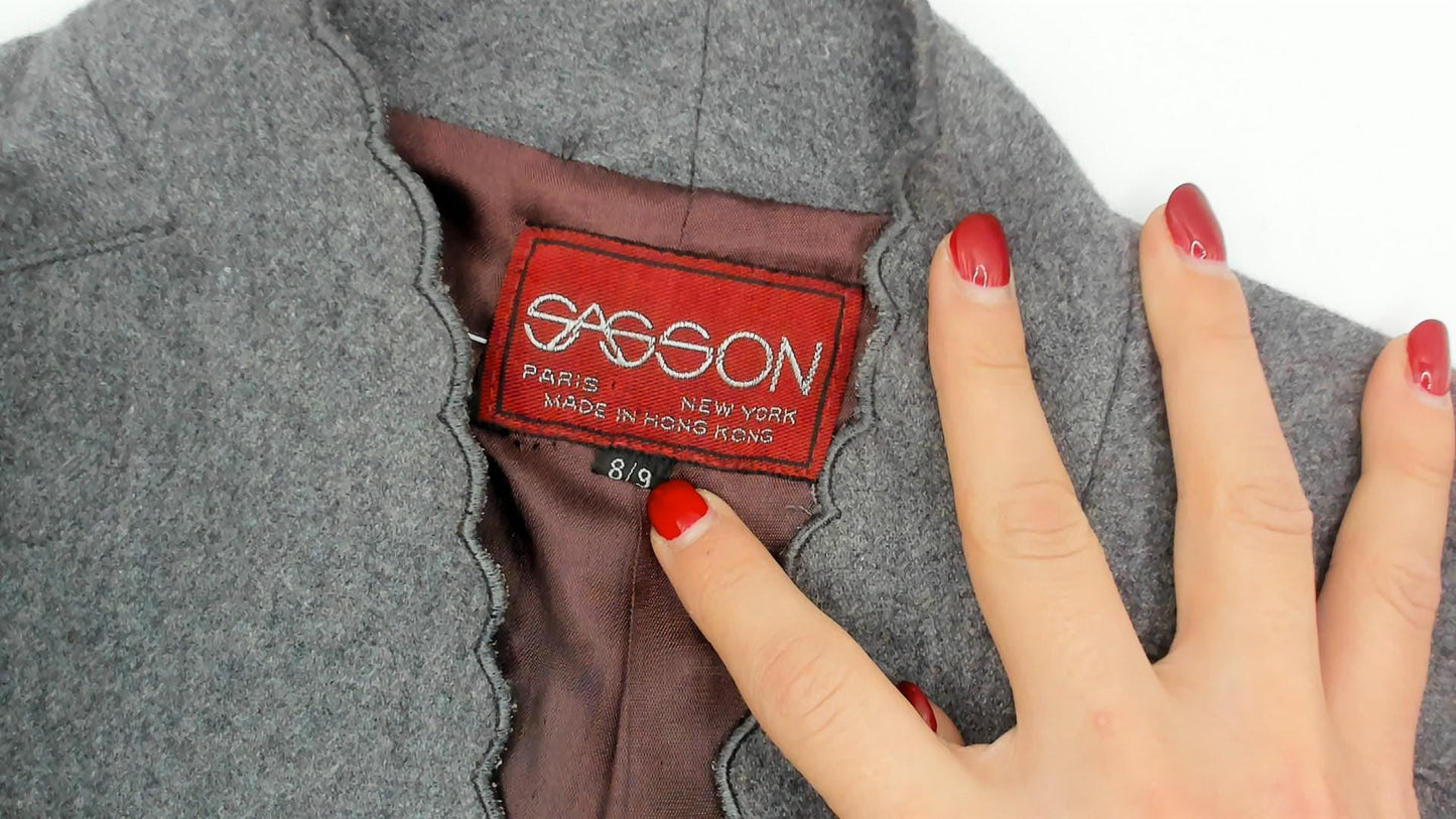 80s Sasson Grey Scalloped Blazer Puff Sleeve Mandarin Collar Cropped Small S