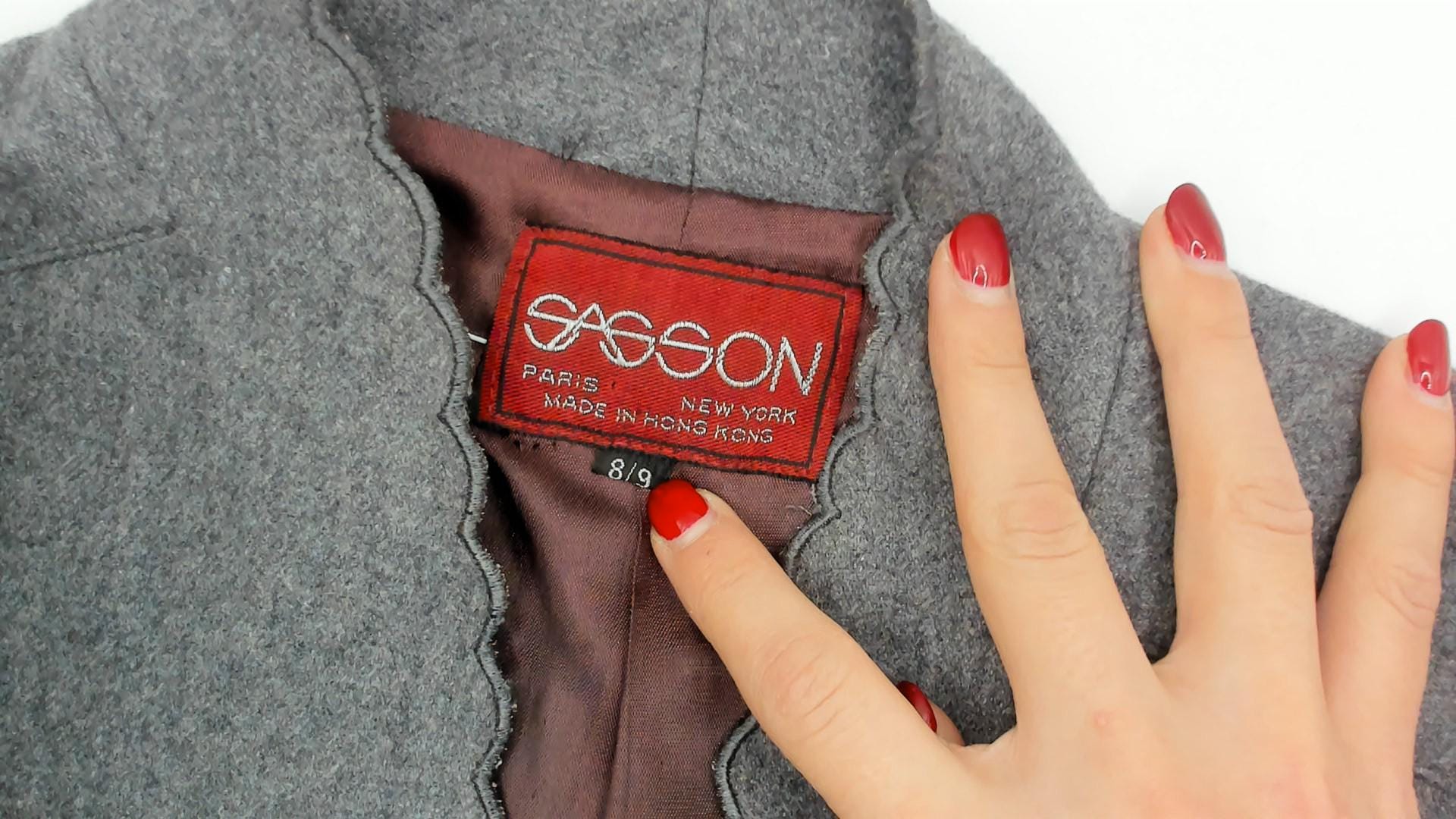 80s Sasson Grey Scalloped Blazer Puff Sleeve Mandarin Collar Cropped Small S