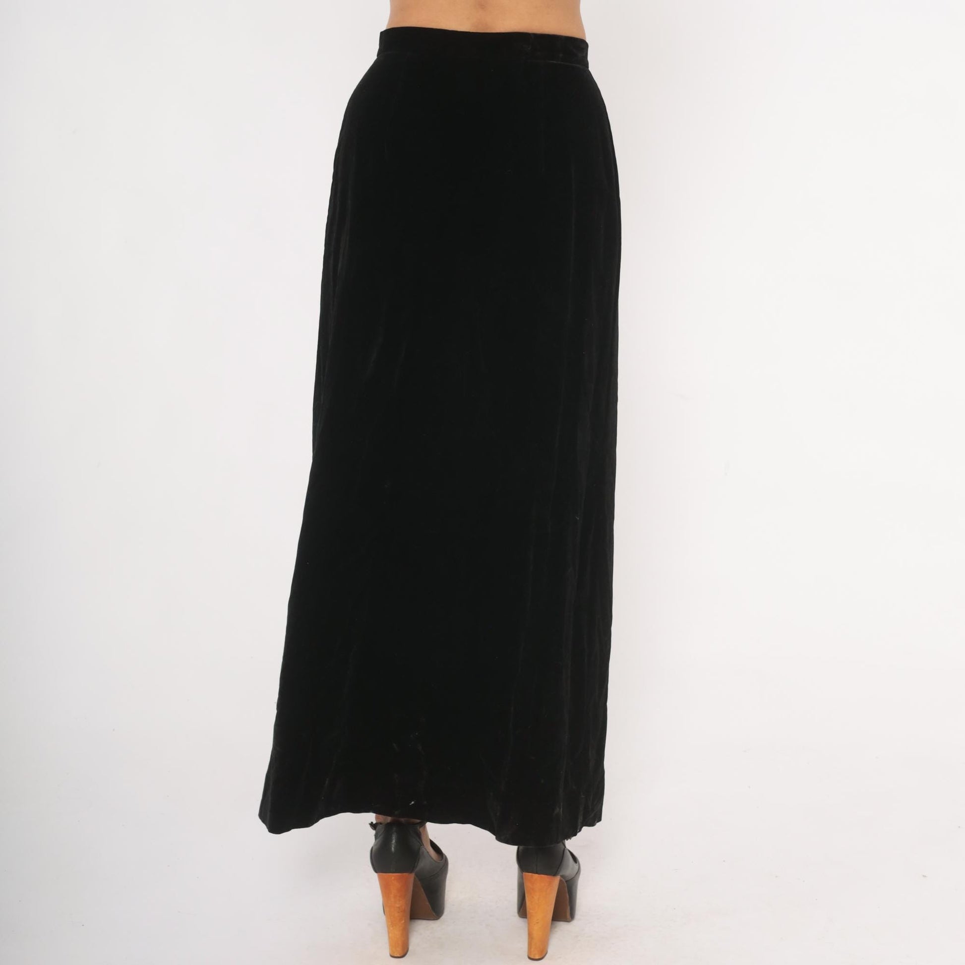 90s Black Velvet Maxi Skirt Button Front A-Line High Waist Small S