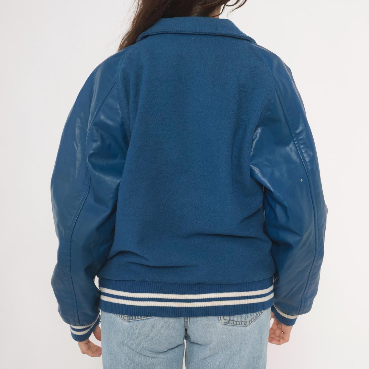 90s Reebok Varsity Jacket Wool Leather Letterman Blue Navy White Medium M