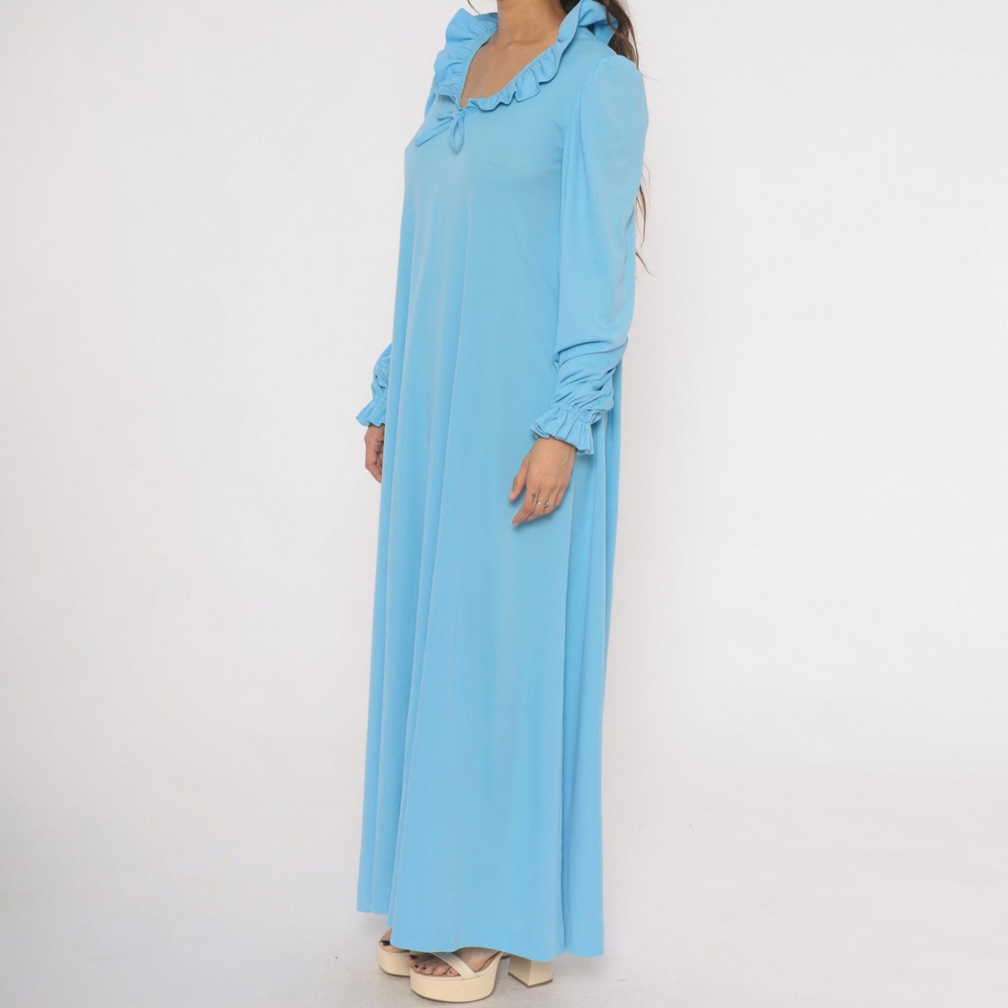 70s Sky Blue Maxi Dress Ruffle Collar Puff Sleeve A-Line Large L