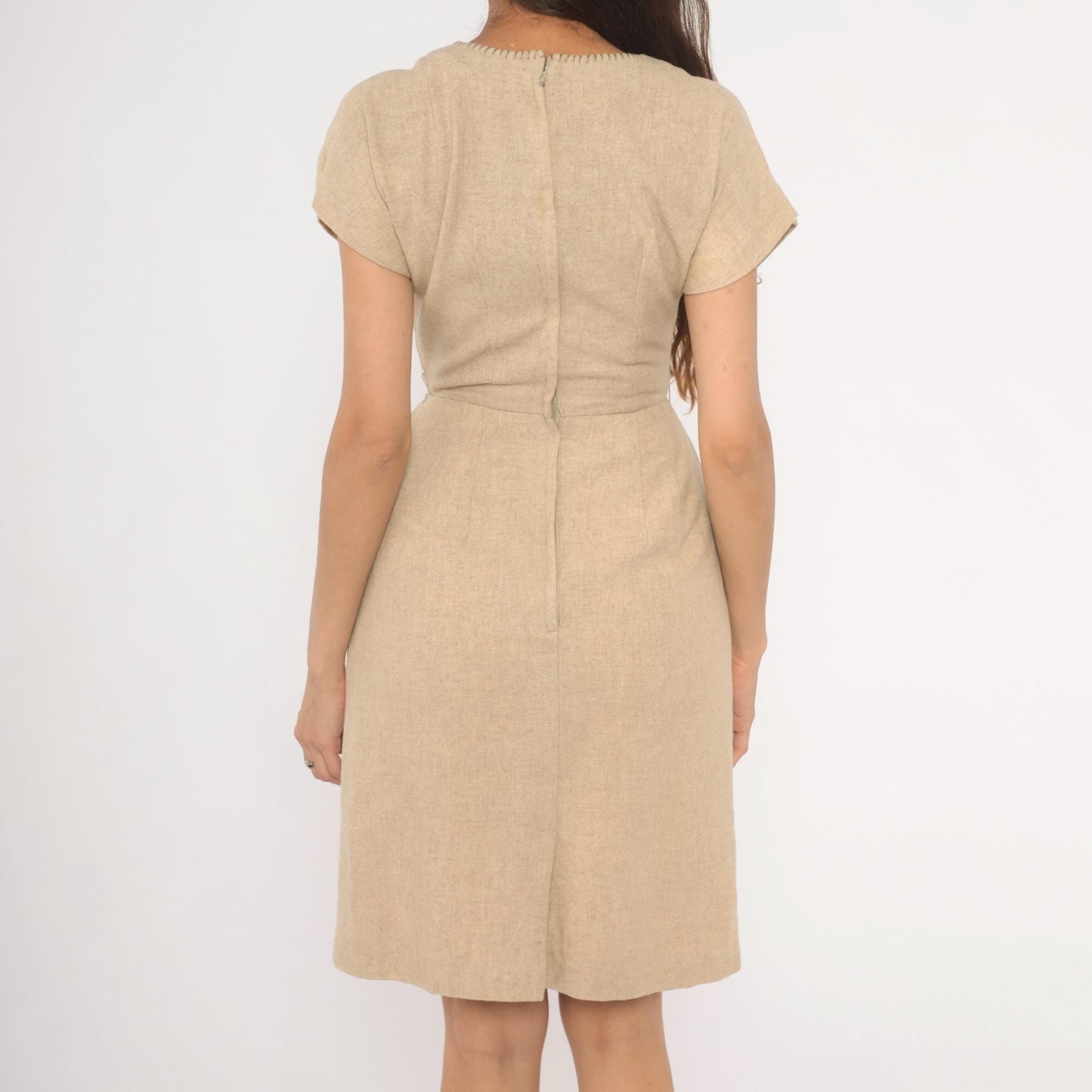 1950s Tan Wool Blend Sheath Dress Whipstitch Neckline Cap Sleeve Extra Small XS