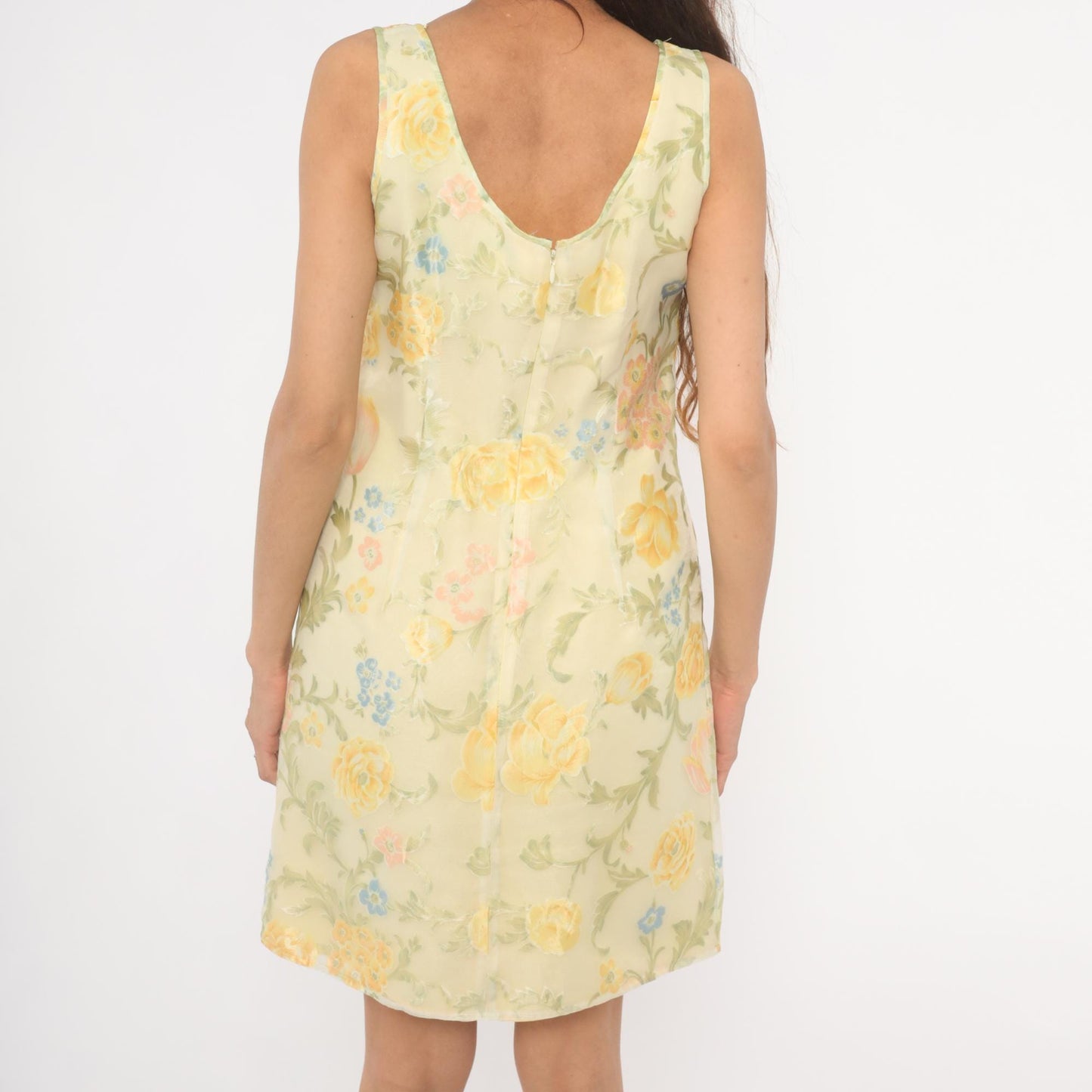 90s Ann Taylor Floral Shift Dress Yellow Scoop Neck Sleeveless Knee Small