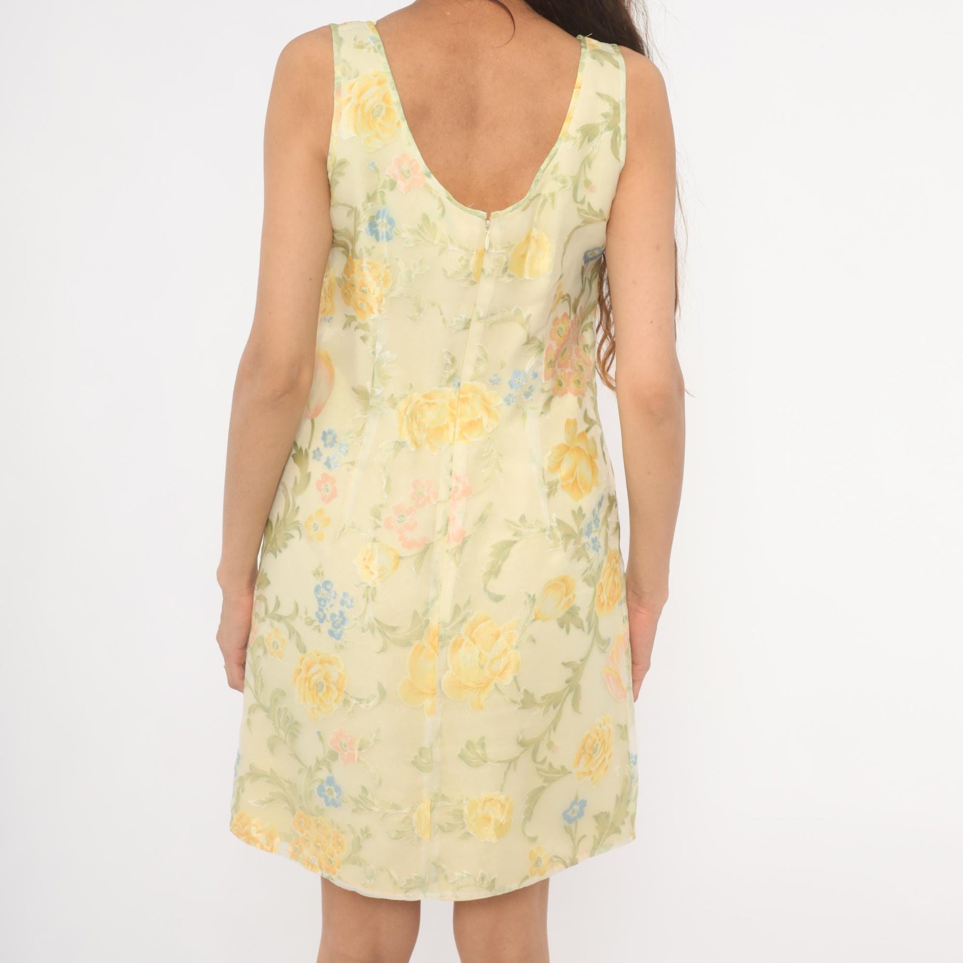 90s Ann Taylor Floral Shift Dress Yellow Scoop Neck Sleeveless Knee Small