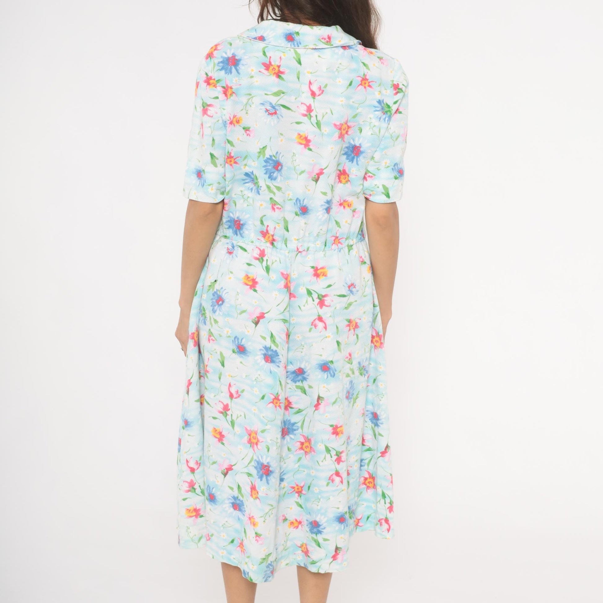 90s Light Blue Wildflower Cotton Midi Dress Pink Floral Gathered Waist Large L