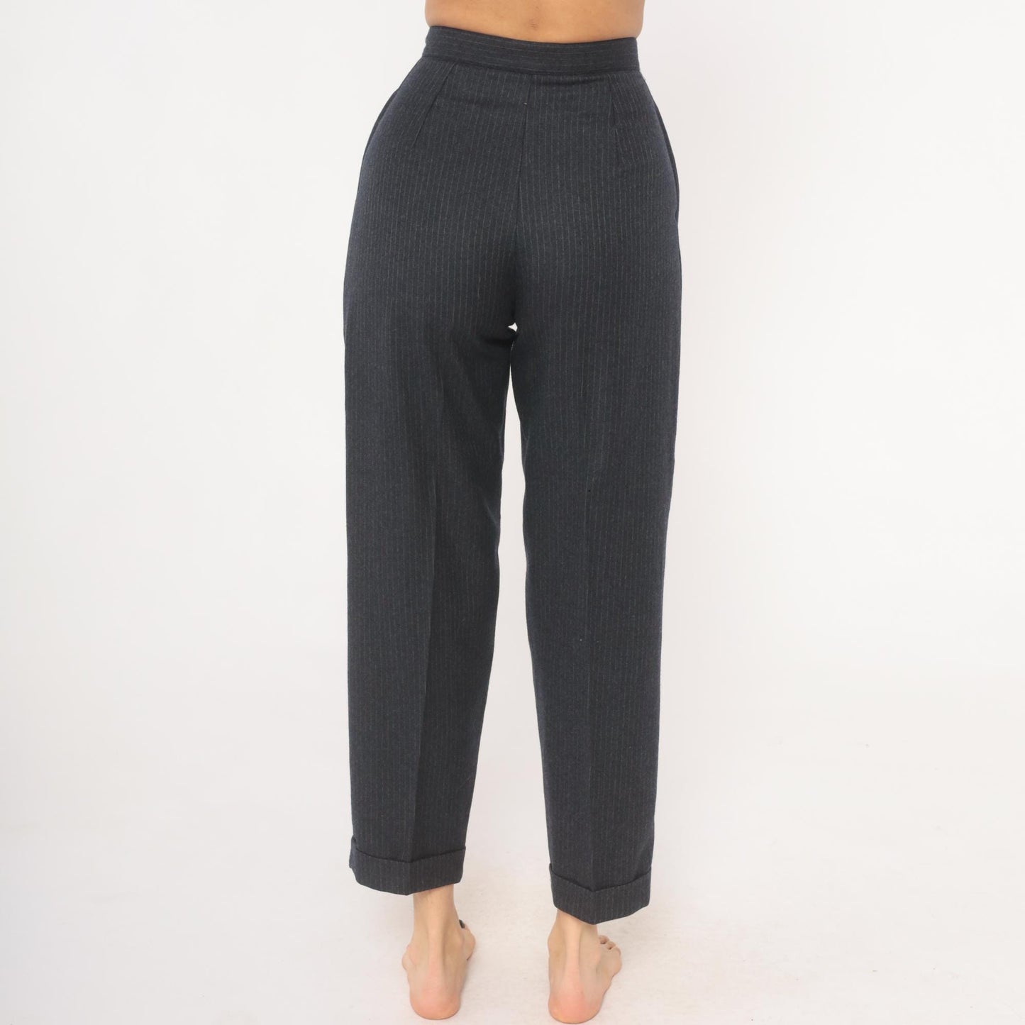 80s Preferred Stock Pinstripe Pleated Trousers Navy Wool Blend High Waist Extra Small XS