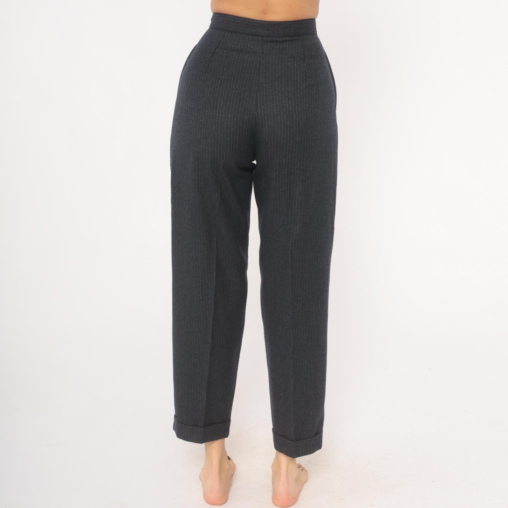 80s Preferred Stock Pinstripe Pleated Trousers Navy Wool Blend High Waist Extra Small XS