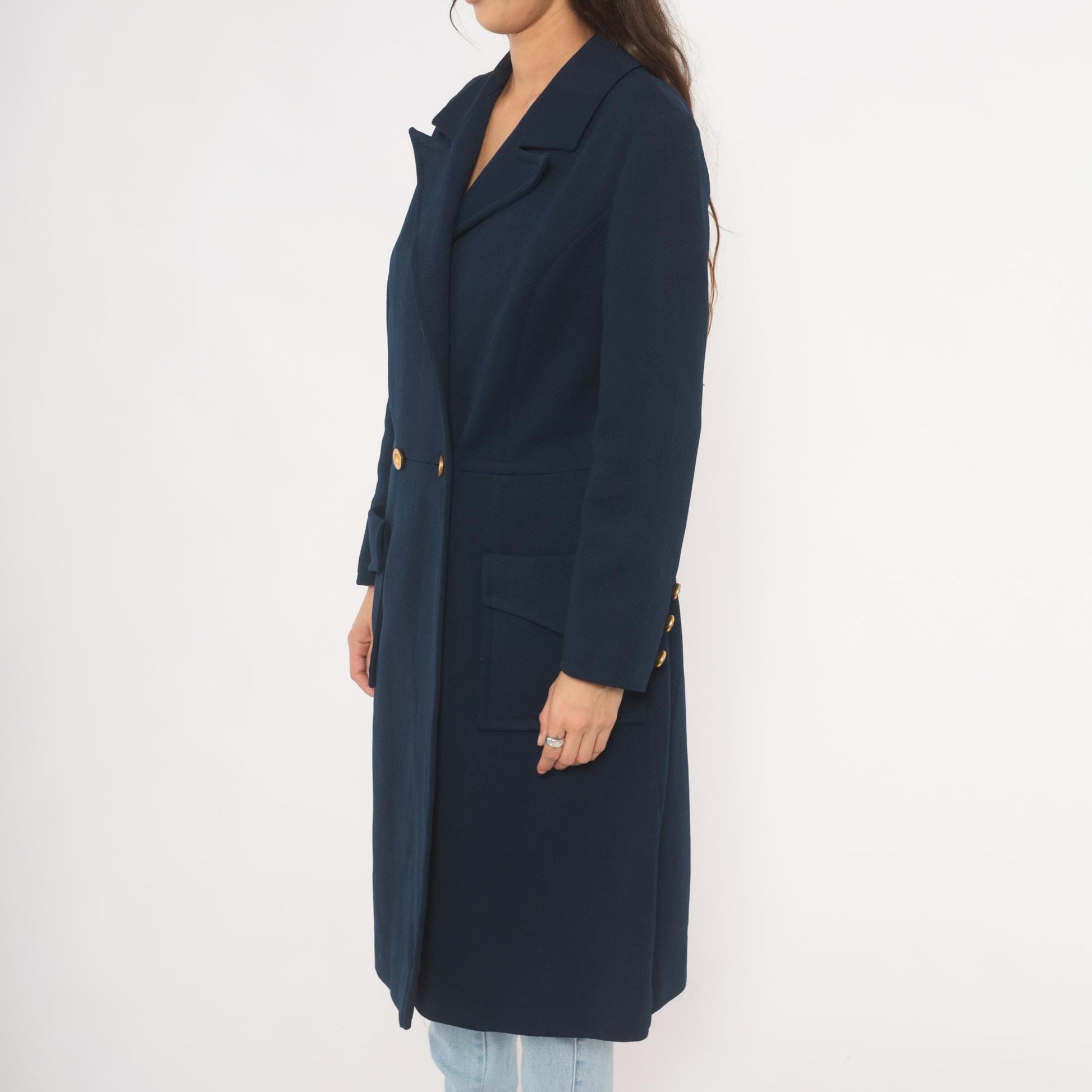 70s Butte Knit Navy Double Breasted Coat Gold Buttons Knee Length Large L