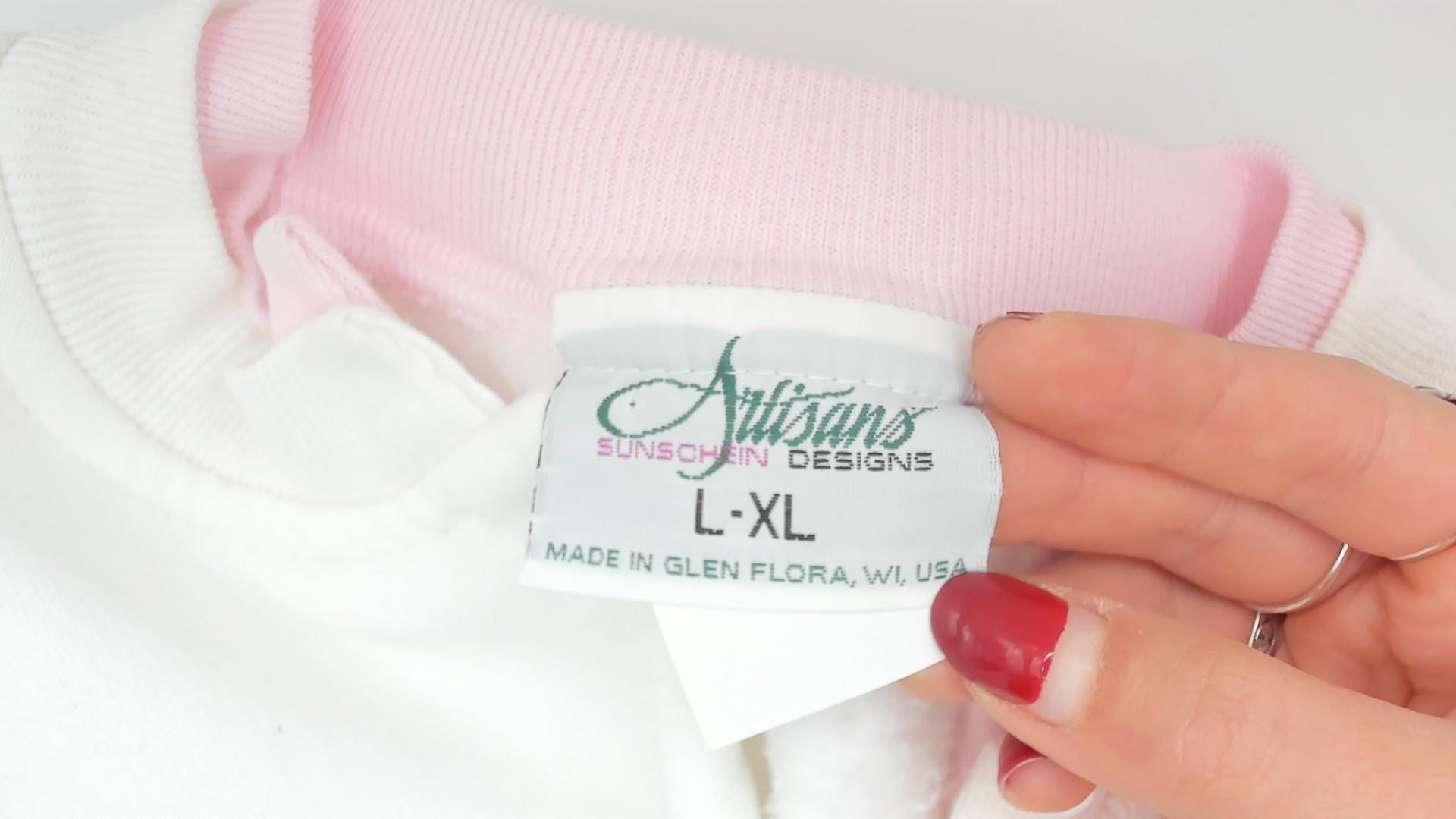 90s Artisans Hummingbird Floral Button Cardigan White Pink Cotton Large XL