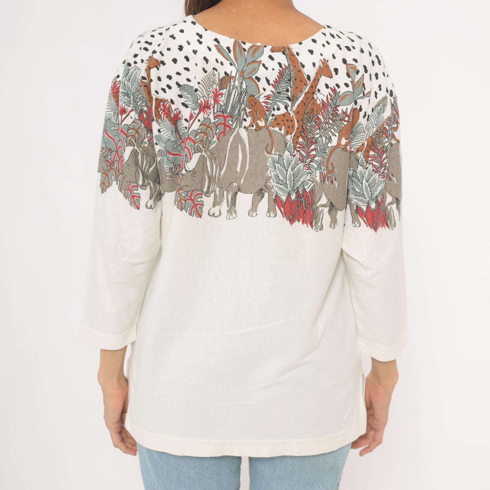 90s Enchante Sport Safari Animal Print Top Cream Jungle Scene Large L
