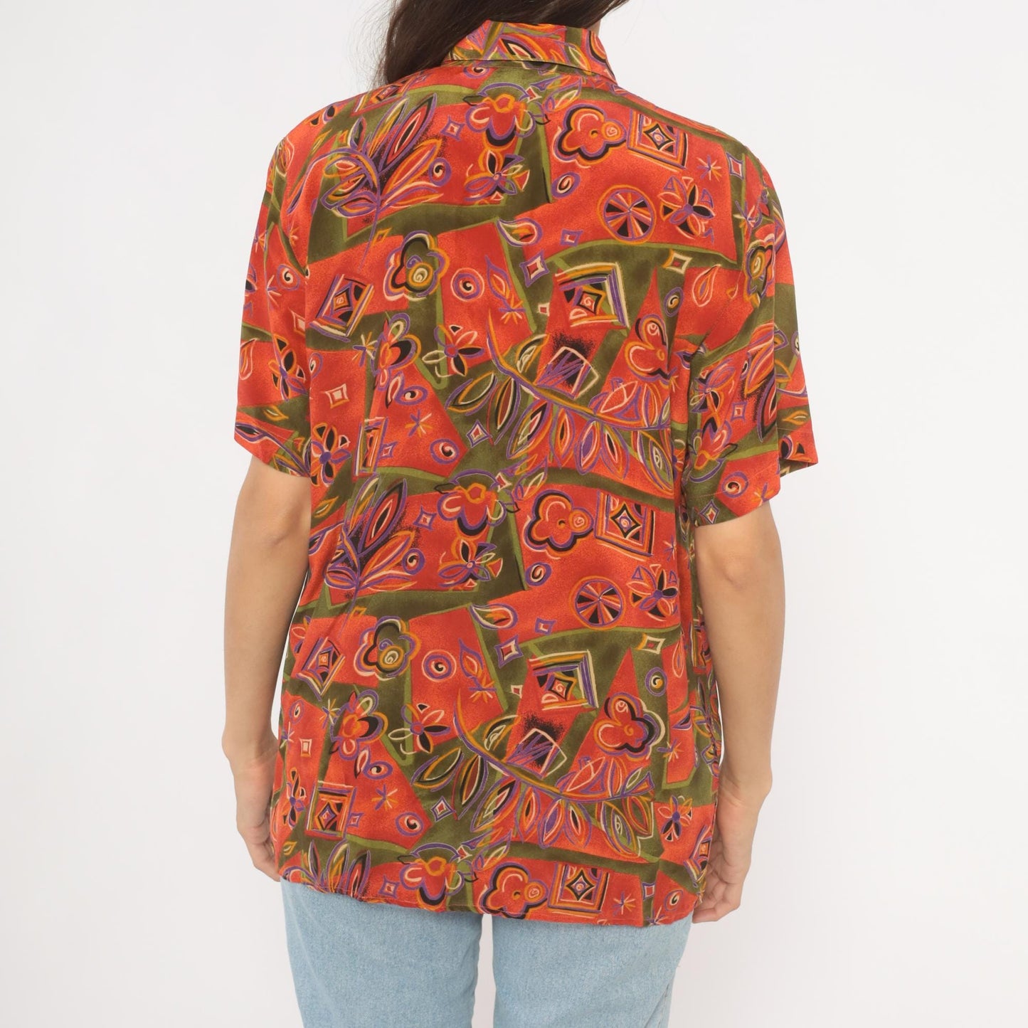 90s Quo-Silk Abstract Patchwork Silk Shirt Orange Olive Purple Camp Collar Medium