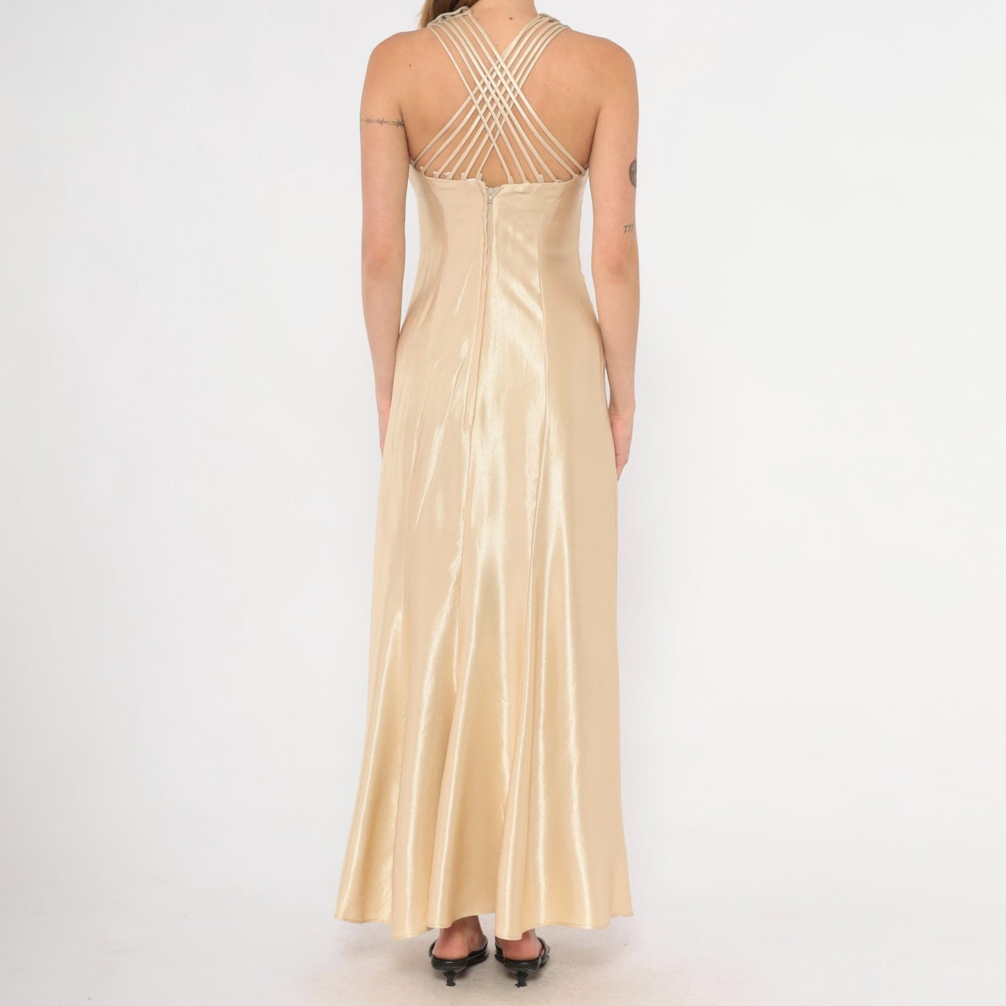 90s Champagne Satin Maxi Dress Criss Cross Straps Sweetheart Bodice Gold Evening Gown Extra Small XS