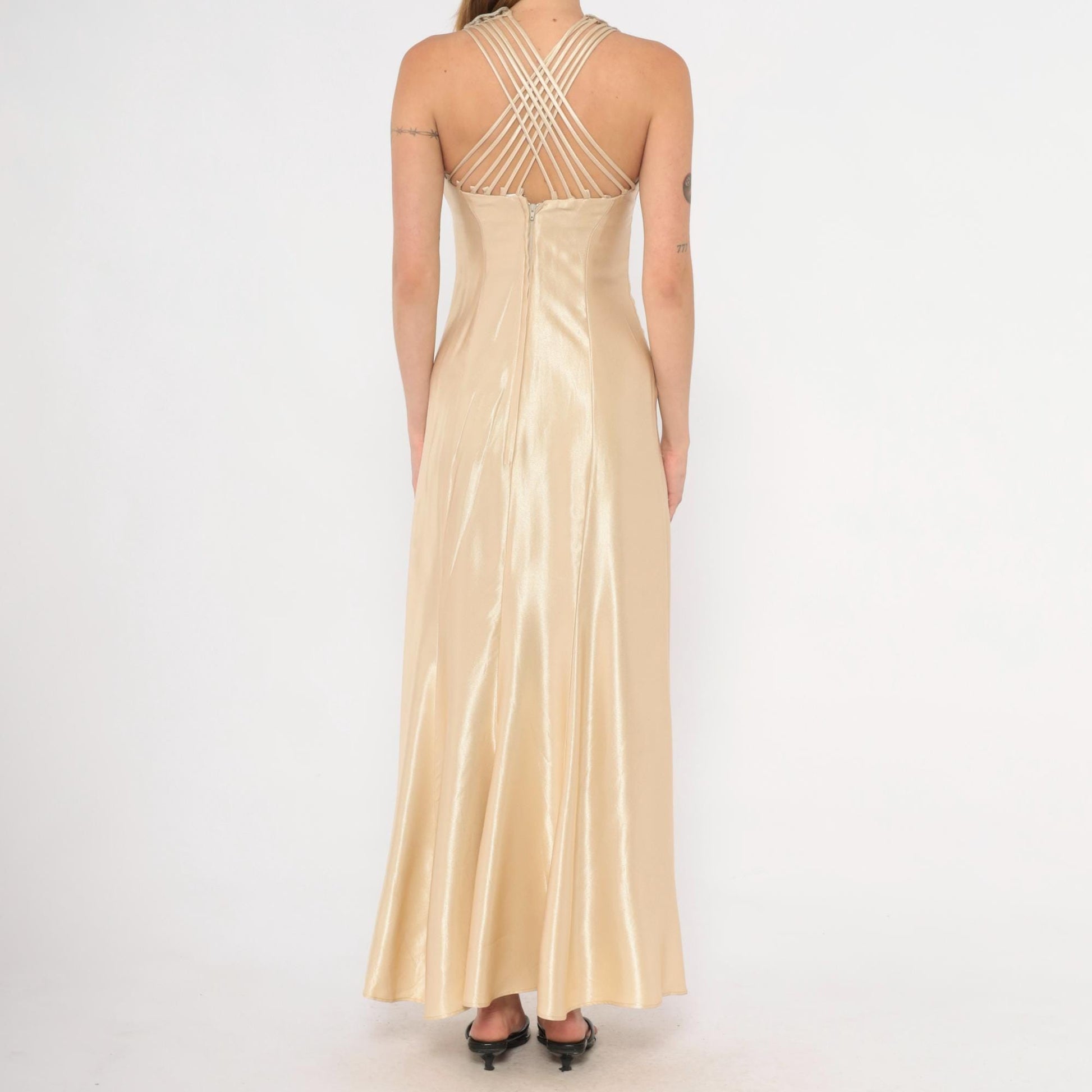 90s Champagne Satin Maxi Dress Criss Cross Straps Sweetheart Bodice Gold Evening Gown Extra Small XS