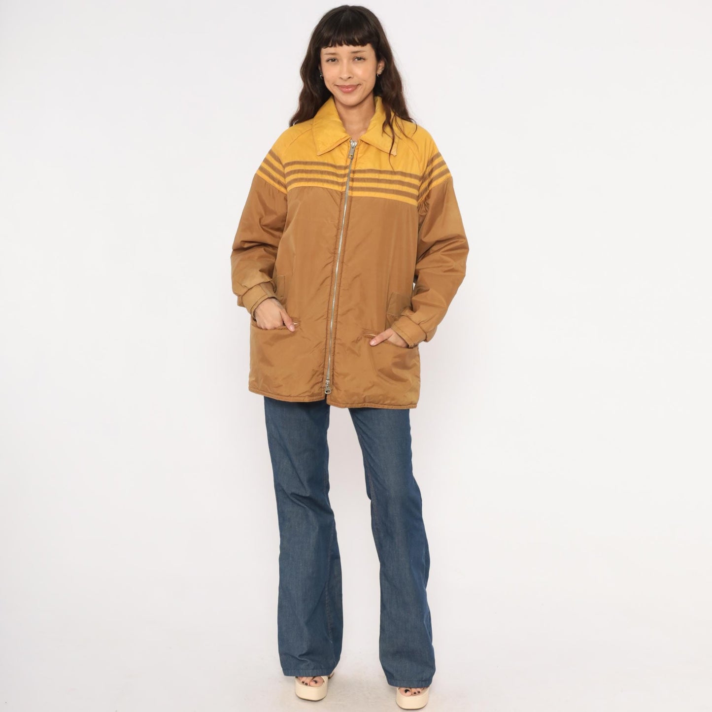 70s Douglas Park Two-Tone Windbreaker Puffer Jacket Brown Mustard Gold Medium M