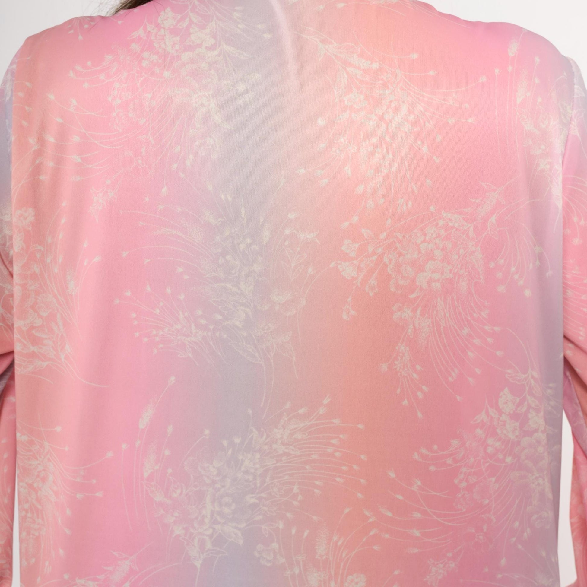 70s Pink Lavender Floral Pussy Bow Blouse Pearl Snap Button Front Medium M