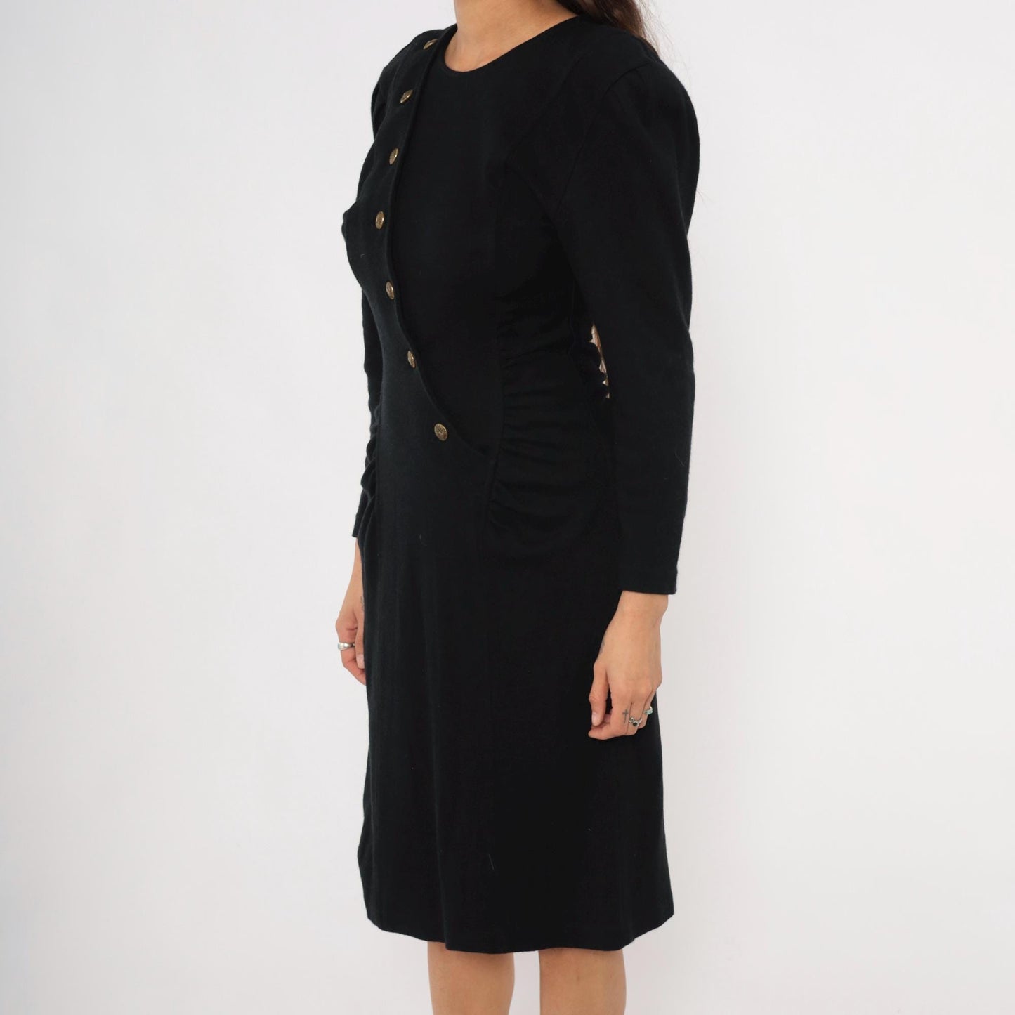 80s All That Jazz Black Puff Sleeve Dress Gold Buttons Ruched Waist Small S