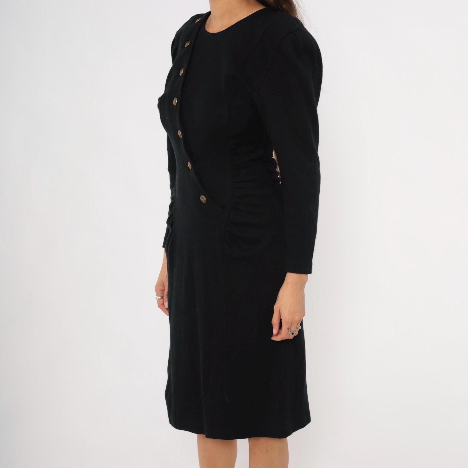 80s All That Jazz Black Puff Sleeve Dress Gold Buttons Ruched Waist Small S