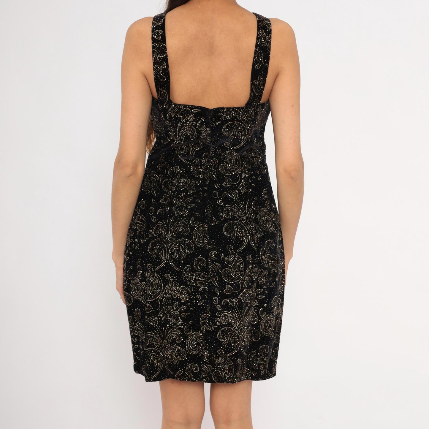 90s Roberta Black Velvet Gold Glitter Paisley Mini Dress Cutout Small S