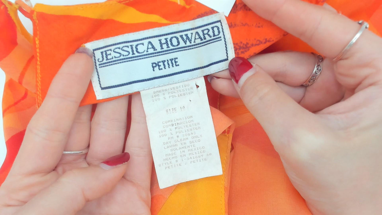 90s Jessica Howard Orange Floral Chiffon Shift Dress Medium M