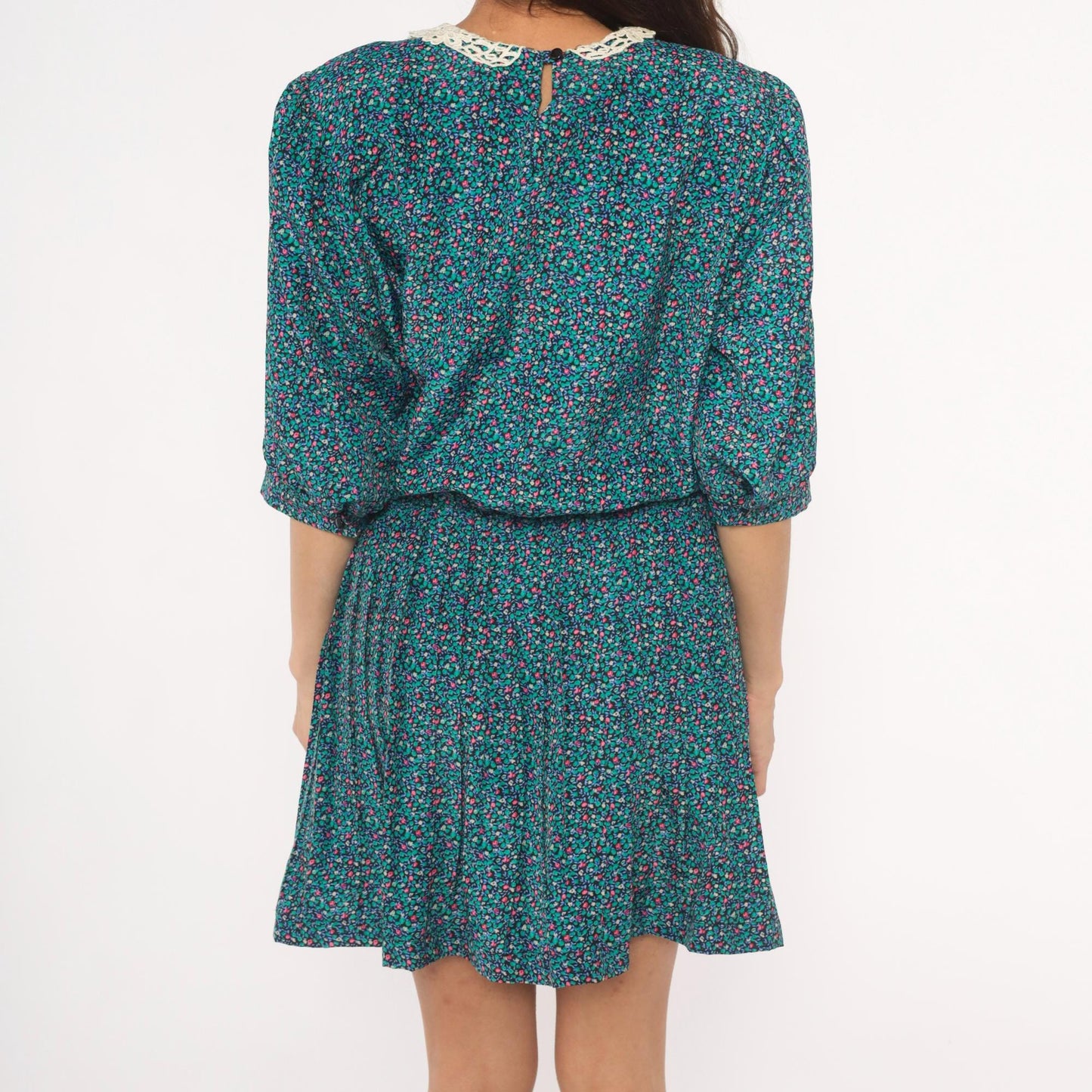 80s Brelli Originals Ditsy Floral Mini Dress Puff Sleeve Peter Pan Collar Large L