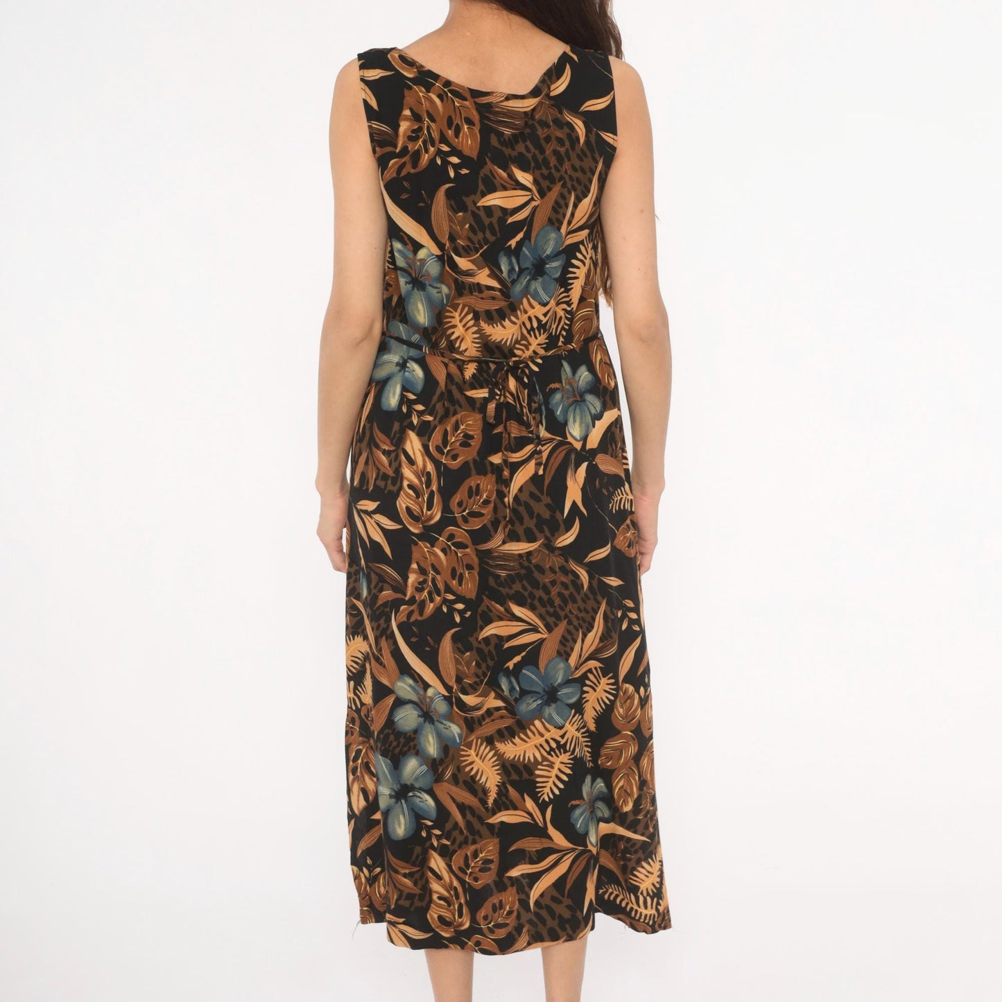 90s California Krush Tropical Floral Midi Dress Sleeveless Black Medium M