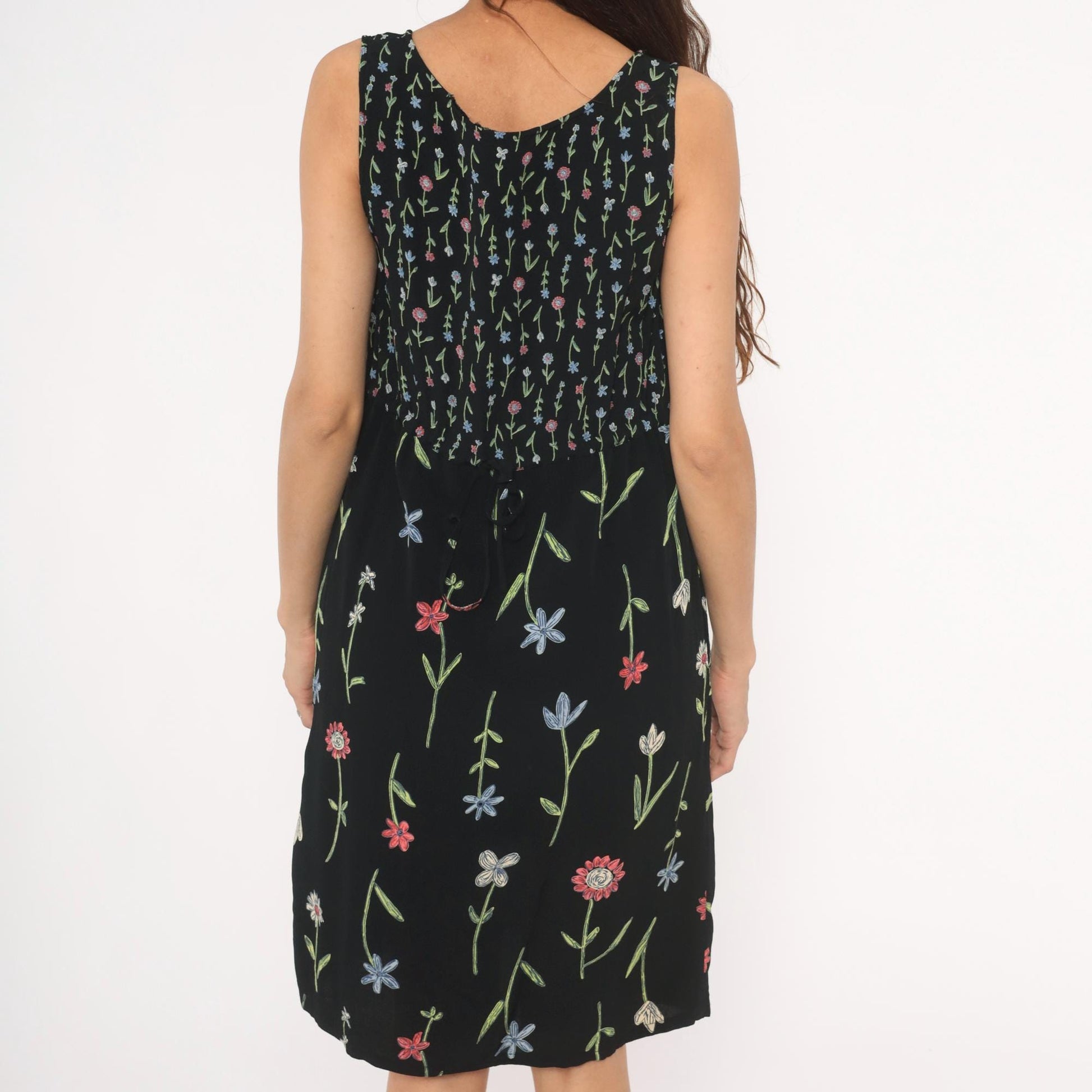 90s Putumayo Black Floral Sundress Knee Length Wildflower Embroidered Medium M