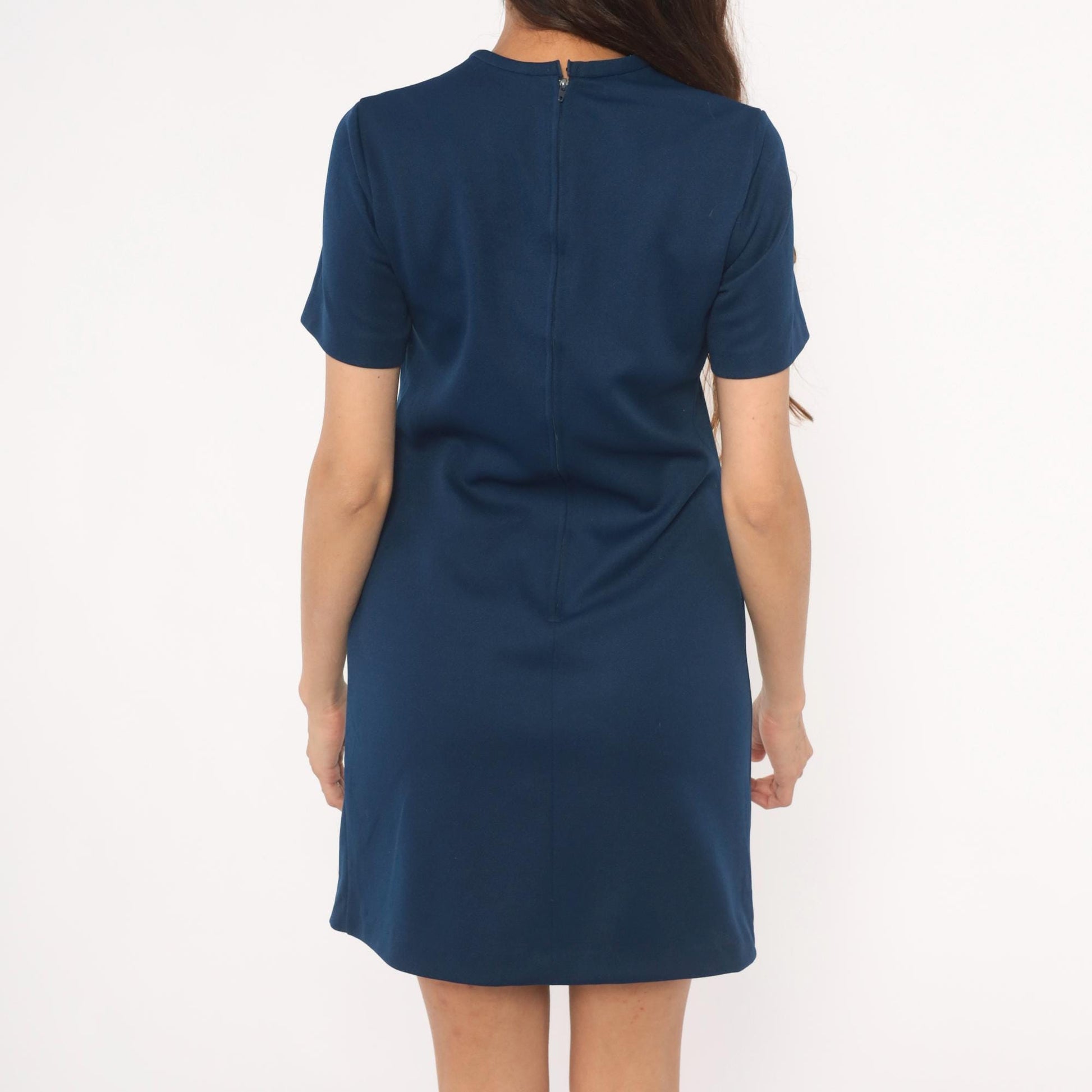70s Navy Shift Dress Mini A-Line Short Sleeve Crew Neck Sears Knit Small S