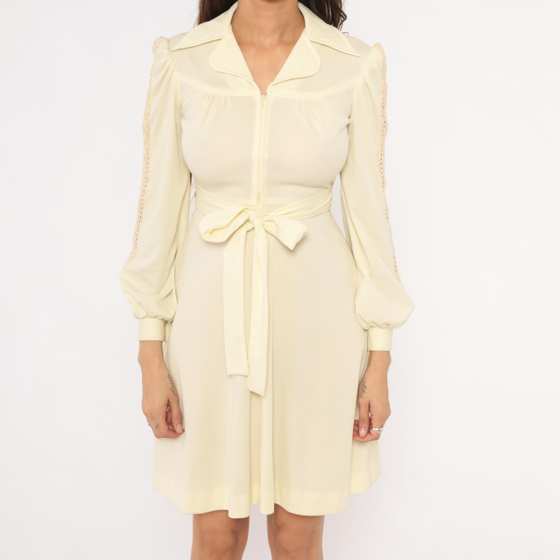 70s Cream Zip-Front Mini Dress Bishop Sleeve Crochet Lace Small S