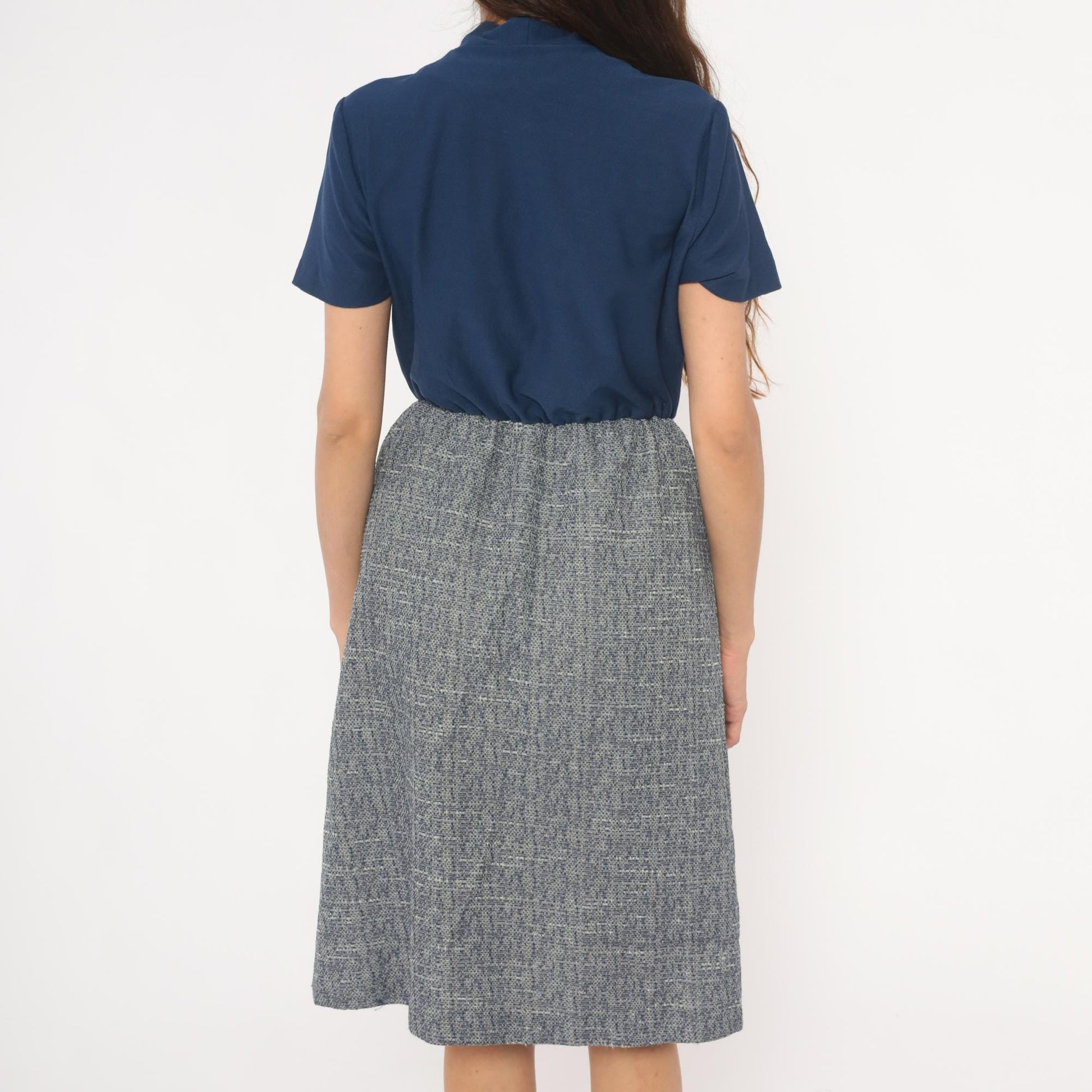 70s Sherri Lynn Navy Bow Tie Blouse Tweed A-Line Dress Knee Length Small