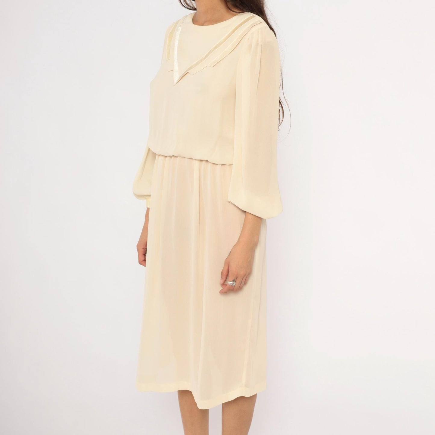 80s Street Scene Cream Chiffon Dress Bishop Sleeve V-Trim Knee-Length Small S